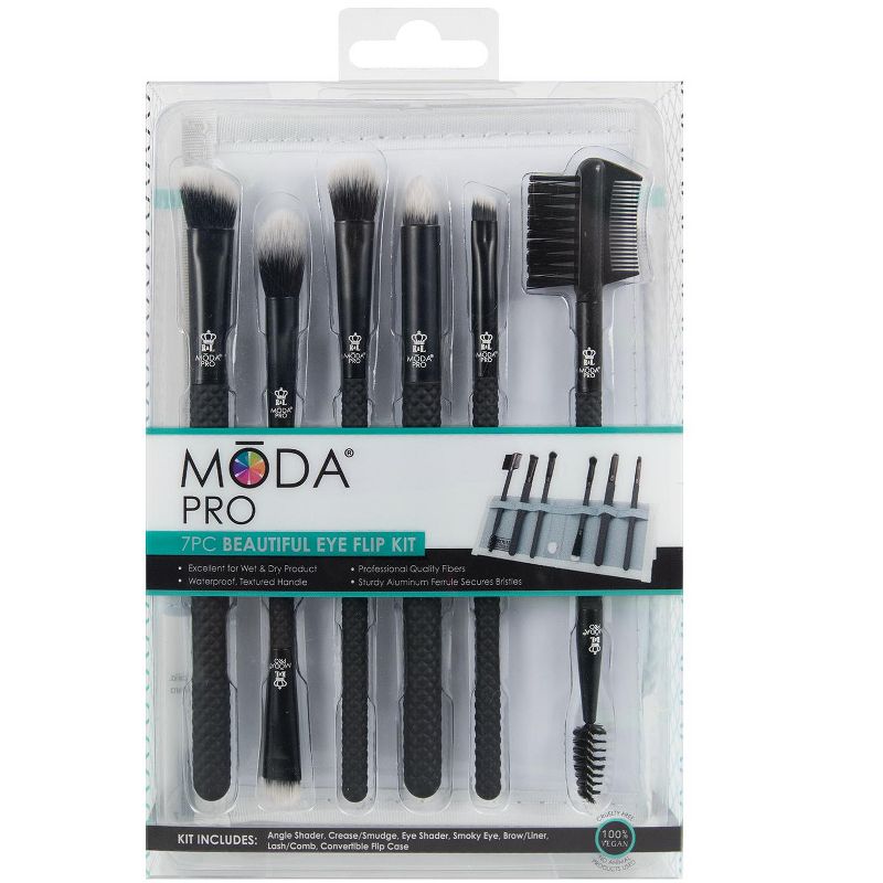 MODA Brush Pro 7pc Beautiful Eyes Black Tavel Sized Makeup Brush Set with Travel Flip Case, Includes - Angle Shader, Crease/Smudge, Eye Shader, Smoky Eye and Brushes