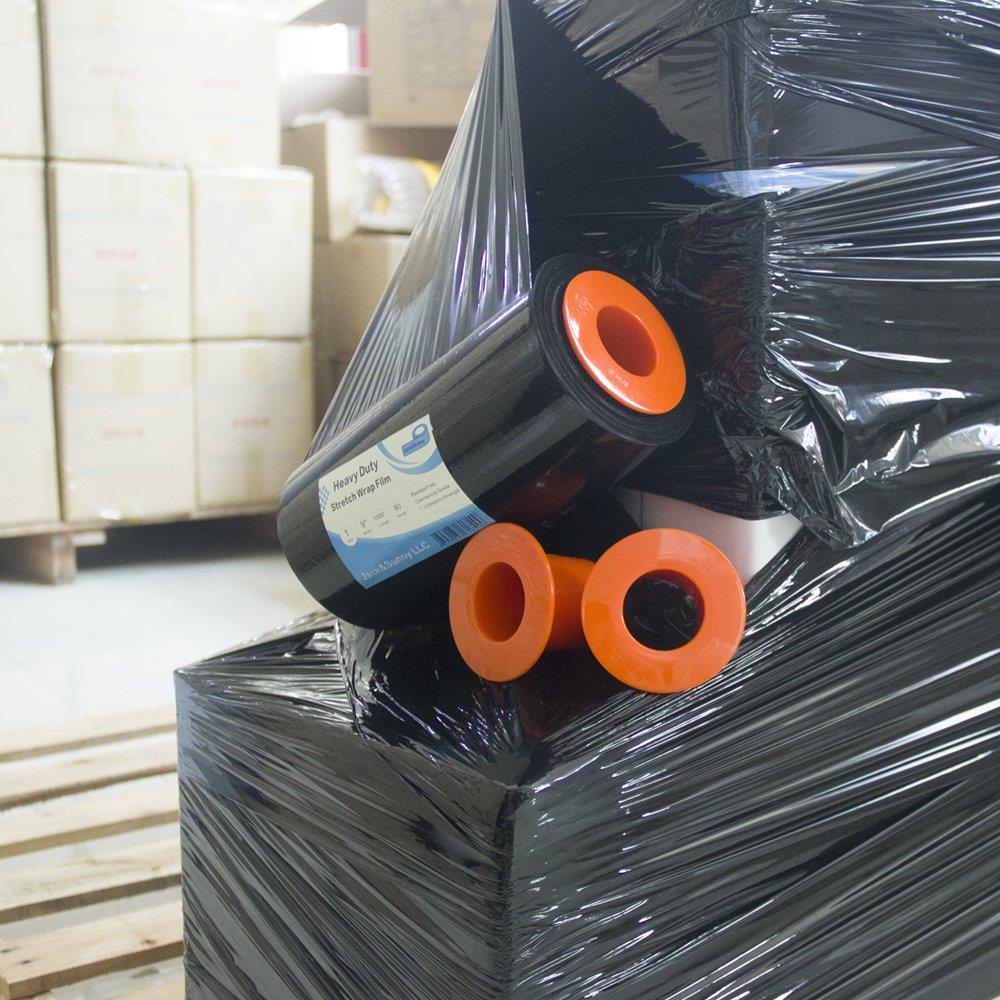 Jack&Sunny Stretch Wrap 9''x 1000 Ft 80 Gauge with 1 Pair of Plastic Hand Saver for Moving Shipping Packing Depot&Storage Industrial Hand Stretch wrap Film Clear (Black with Hand Saver, 1-roll)