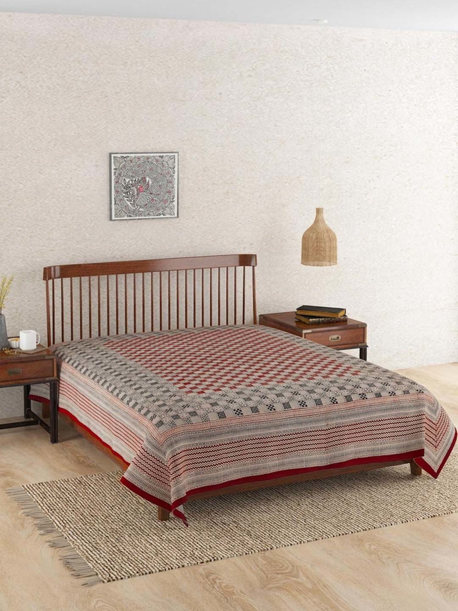 Fabindia Home Baghni Maroon & Black 125 TC Cotton Double Bed Cover