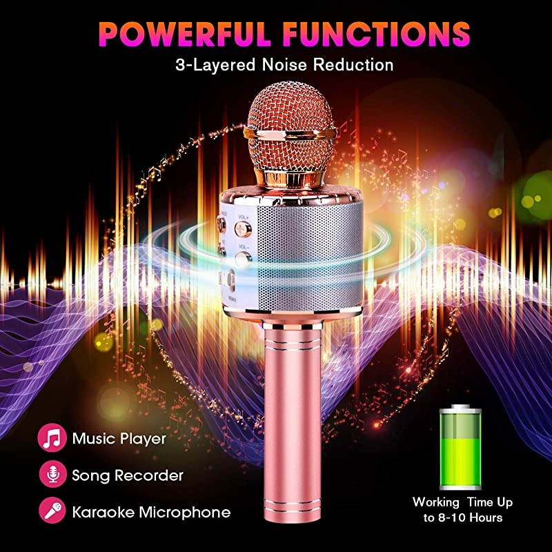 Bluetooth 4 in 1 Karaoke Wireless Microphone with LED Lights, Portable Microphone for Kids, Girls, Boys and Adults (Pink)