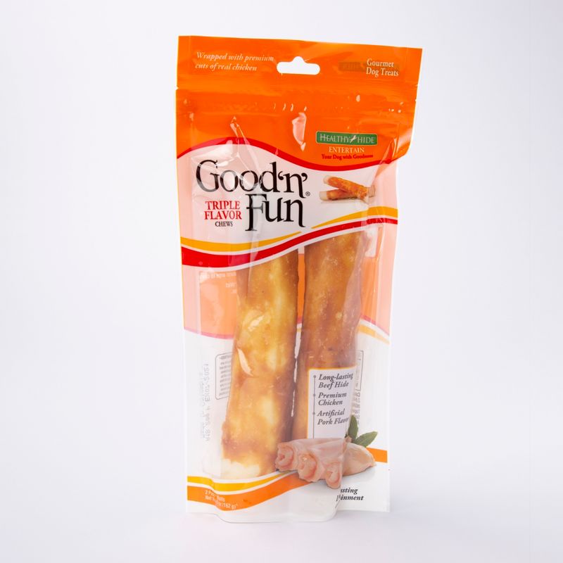 Good N Fun Large Triple Flavored Pork, Beef, and Chicken Wrapped Roll Rawhide Dog Treats - 2ct
