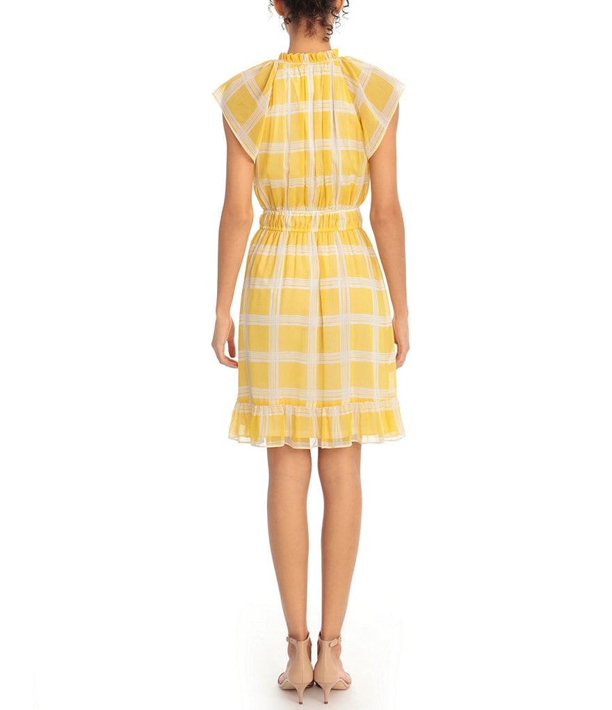 London Times Petite Size Plaid Ruffle Split Neck Cap Sleeve Dress