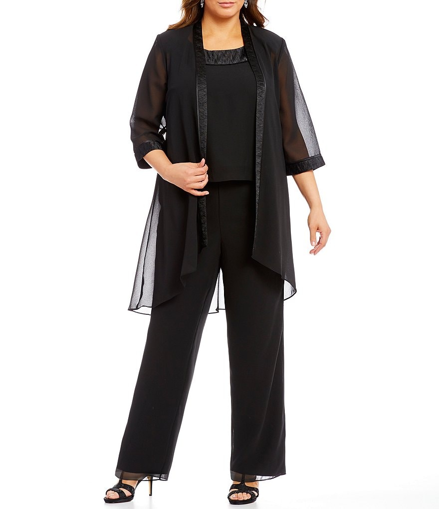 Le Bos Plus Scoop Neck 3/4 Sleeve Textured 3-Piece Pant Set