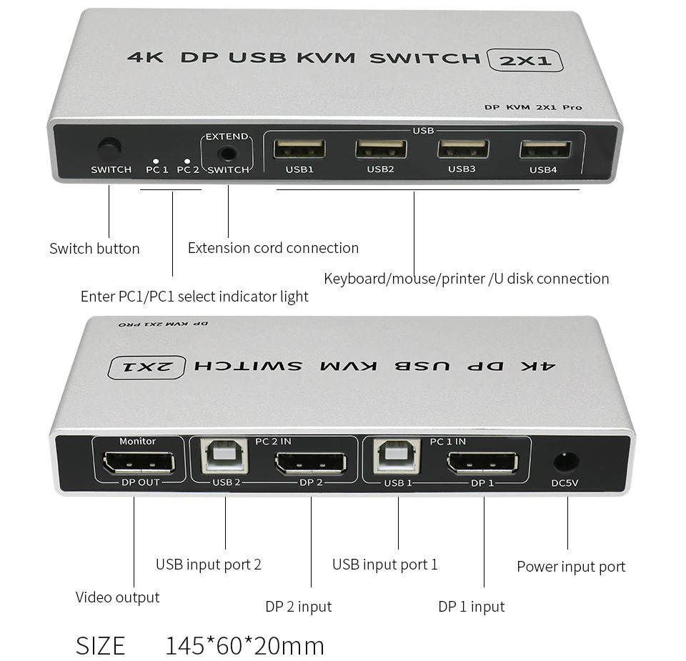 2 in 1 out Displayport USB KVM Switch DP Switcher 4Kx2K/60Hz Share Printer Keyboard and Mouse U disk