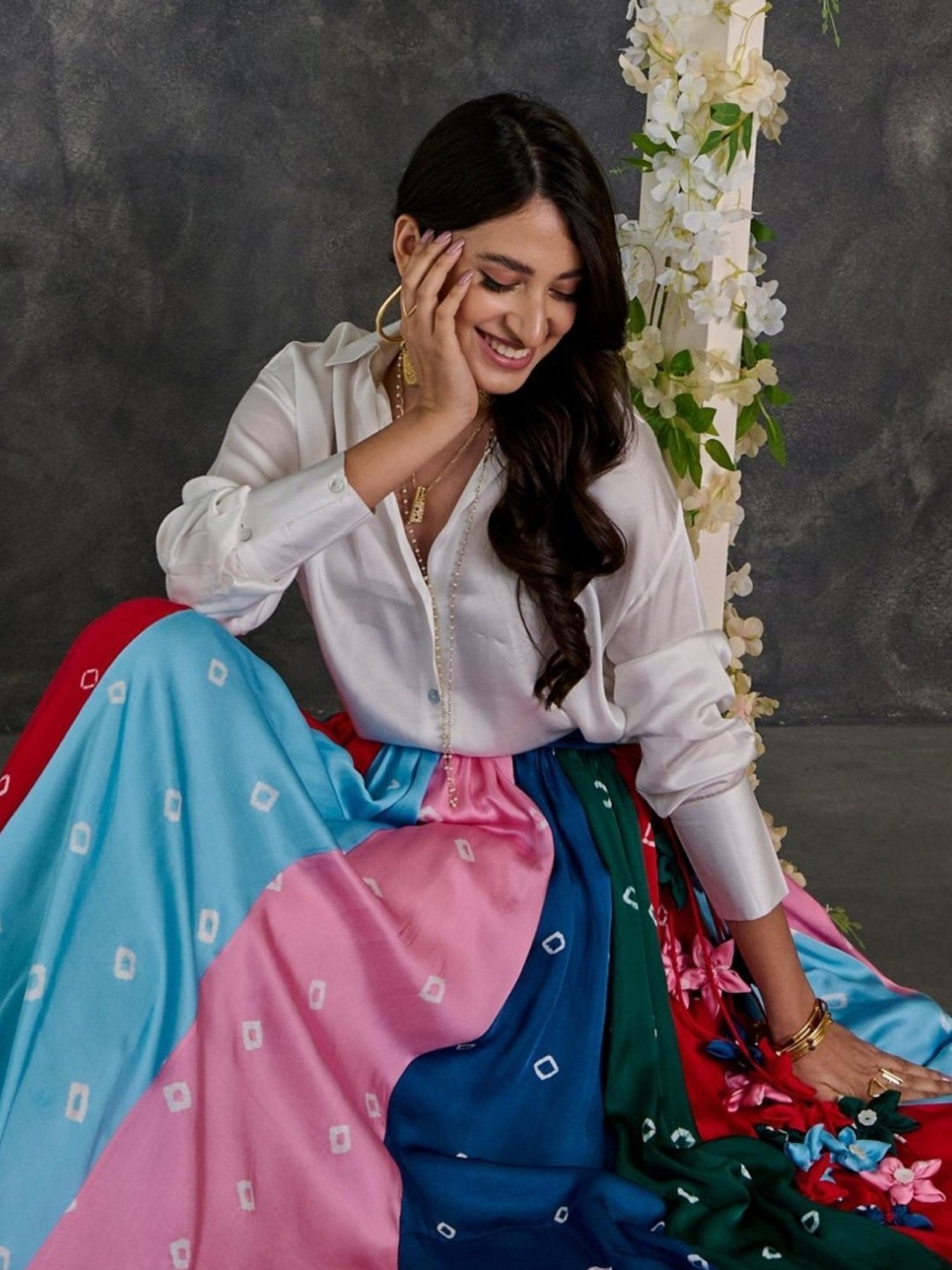 Gulaal White Shirt With Bandhani Modal Satin Skirt