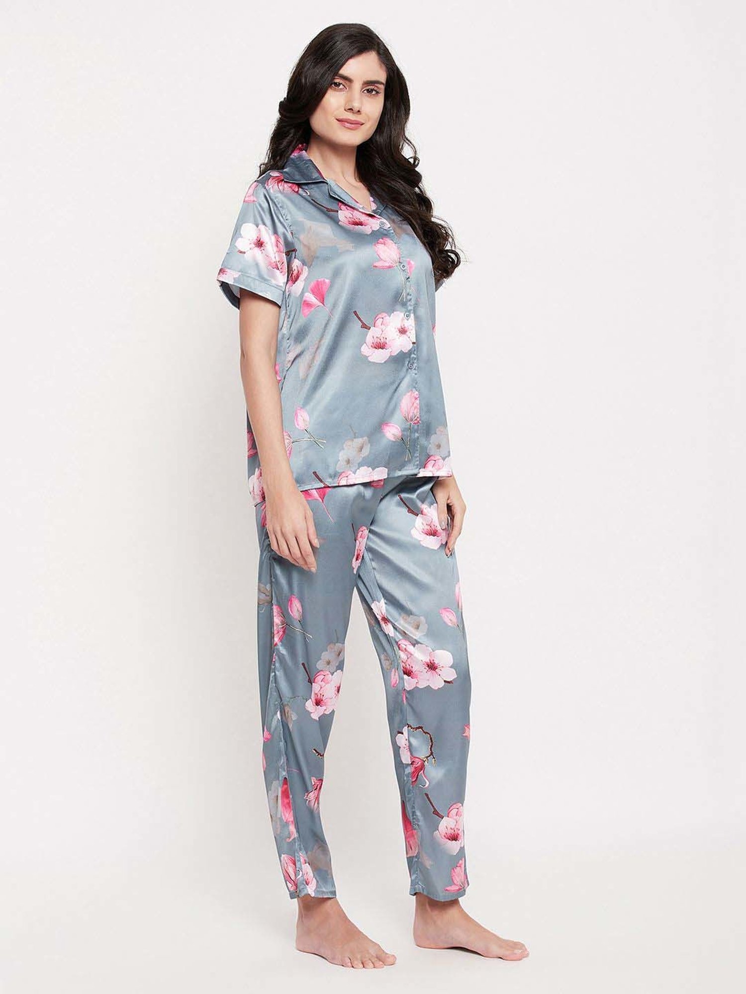 Clovia Blue Floral Print Shirt & Pyjama Set