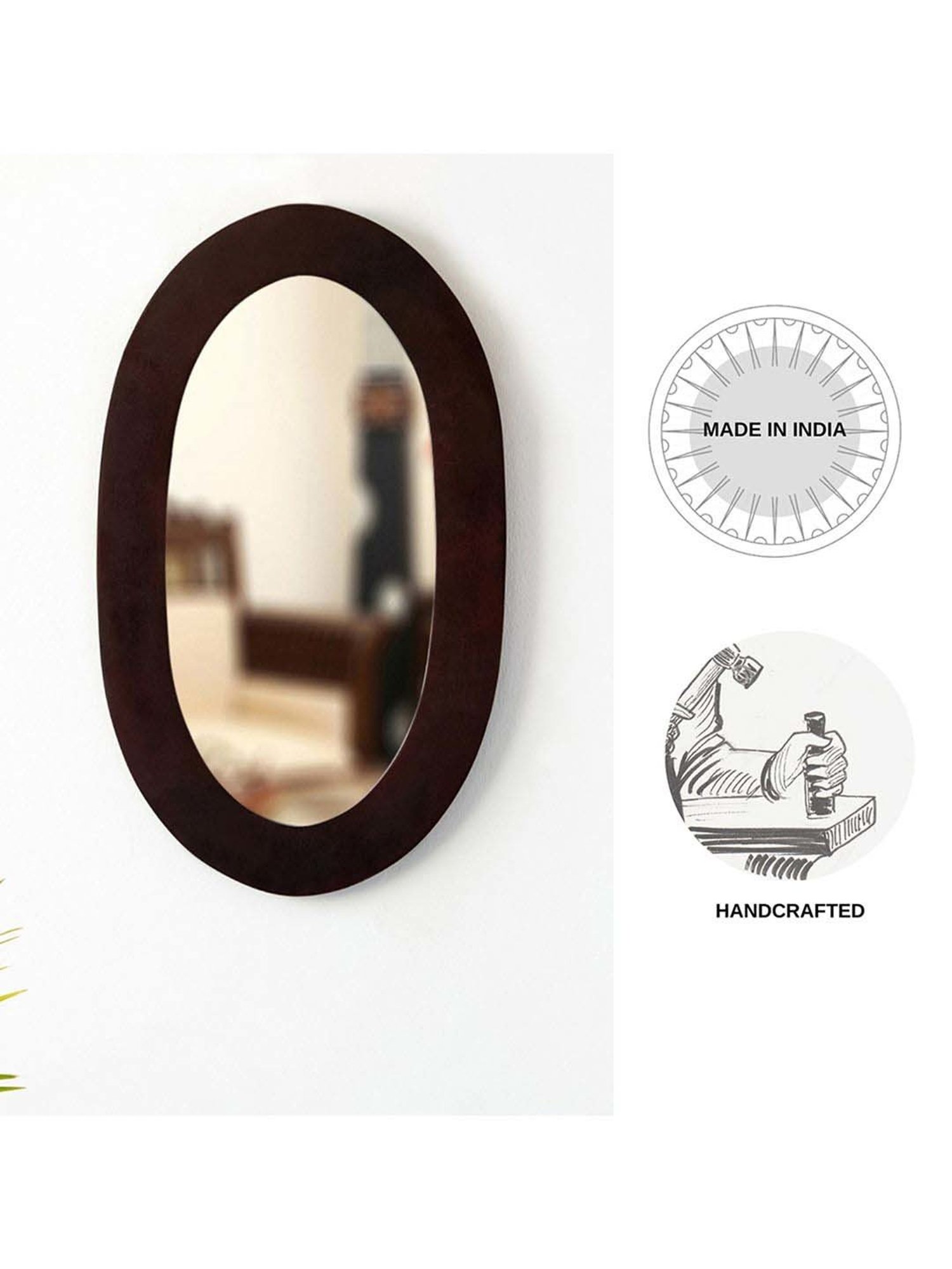 ExclusiveLane Brown Wood Flattened Oval Decorative Wall Mirror