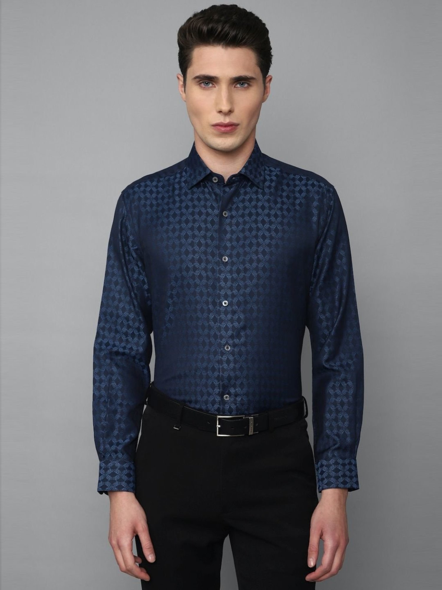 Luxure By Louis Philippe Navy Blue Regular Fit Printed Shirt