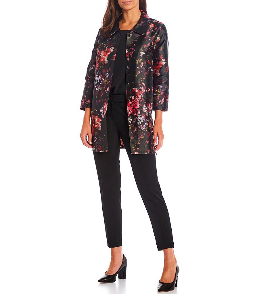 Caroline Rose Gem Garden Floral Print Point Collar Neck 3/4 Bracelet Sleeve Shirt Jacket