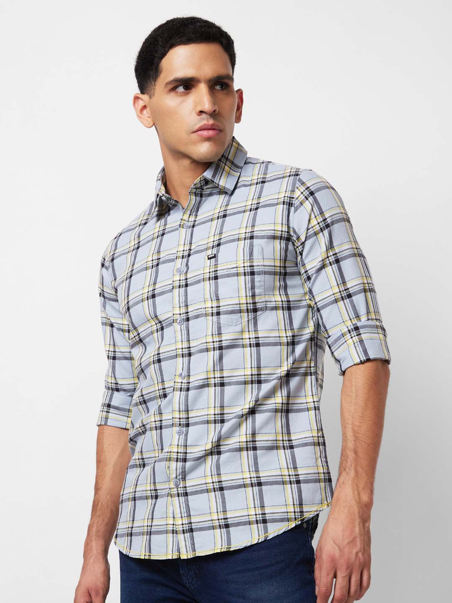 Spykar Grey Cotton Slim Fit Checks Shirt