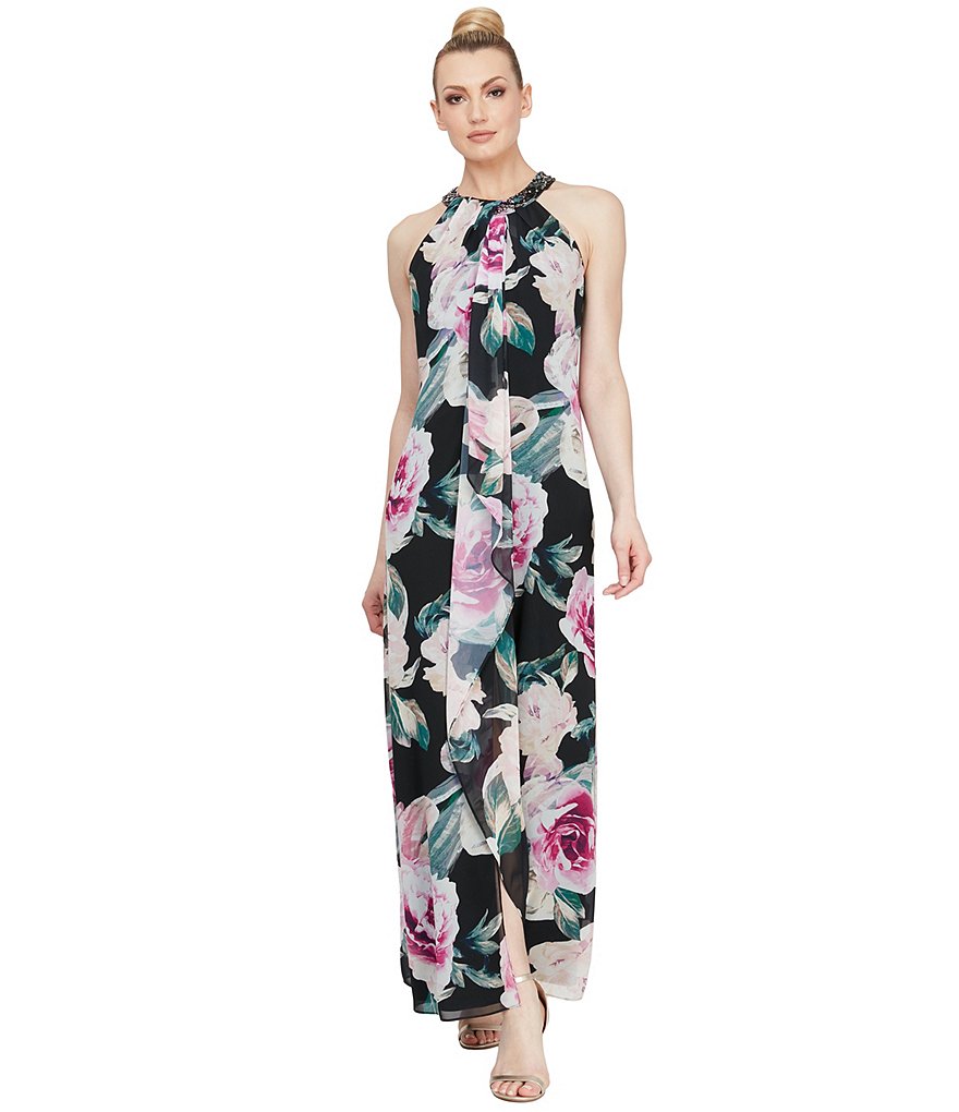 Ignite Evenings Floral Print Sleeveless Halter Neck Maxi Dress