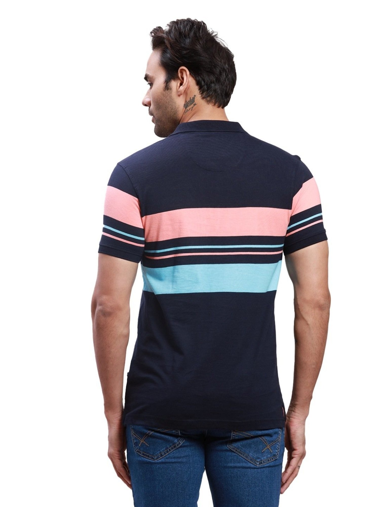 Parx Dark Blue Cotton Regular Fit Colour Block Polo T-Shirt