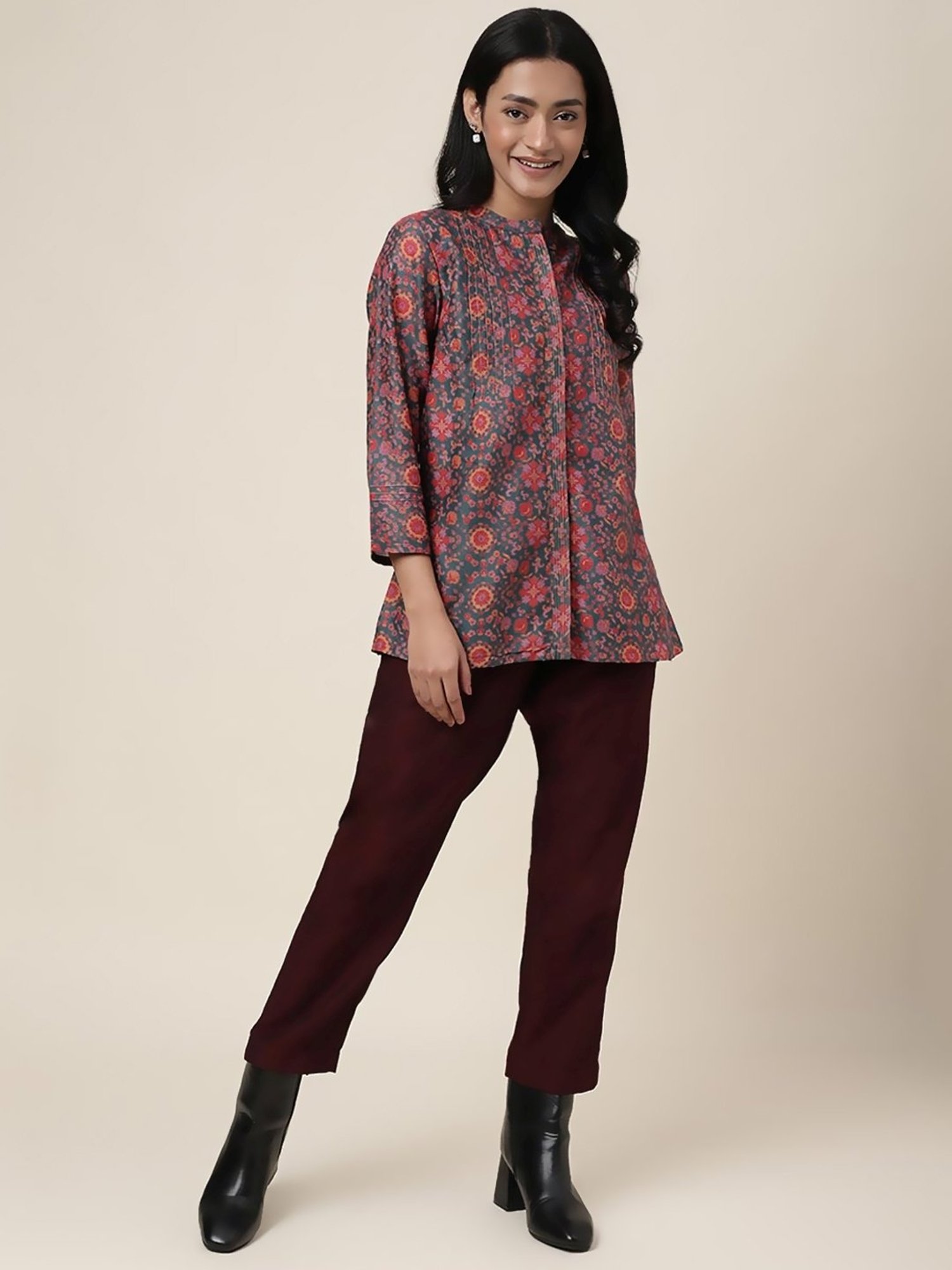 Fabindia Green & Pink Floral Print Tunic