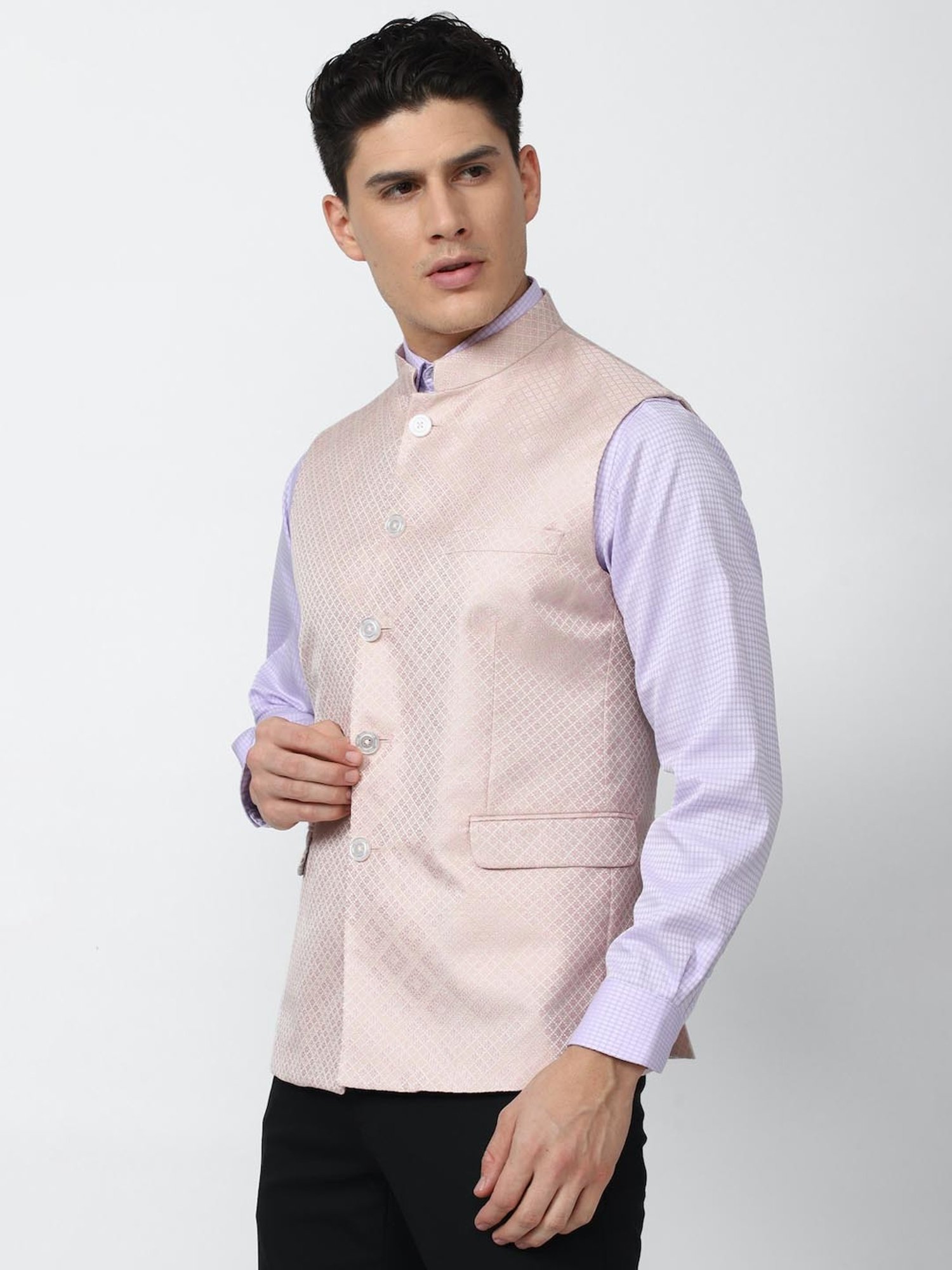 V Dot Pink Slim Fit Self Pattern Nehru Jacket