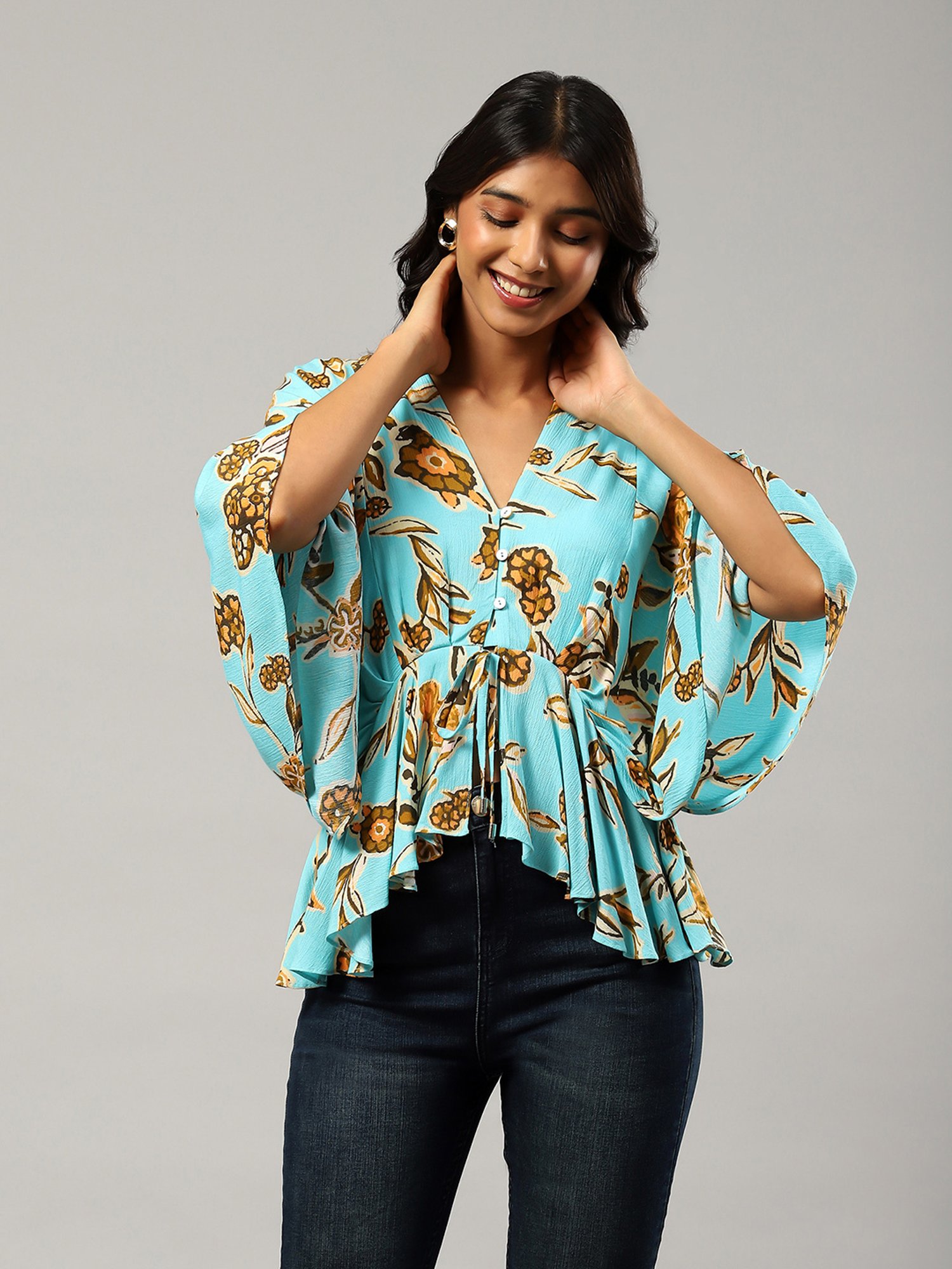 Label Ritu Kumar Blue & Brown Floral Print Top