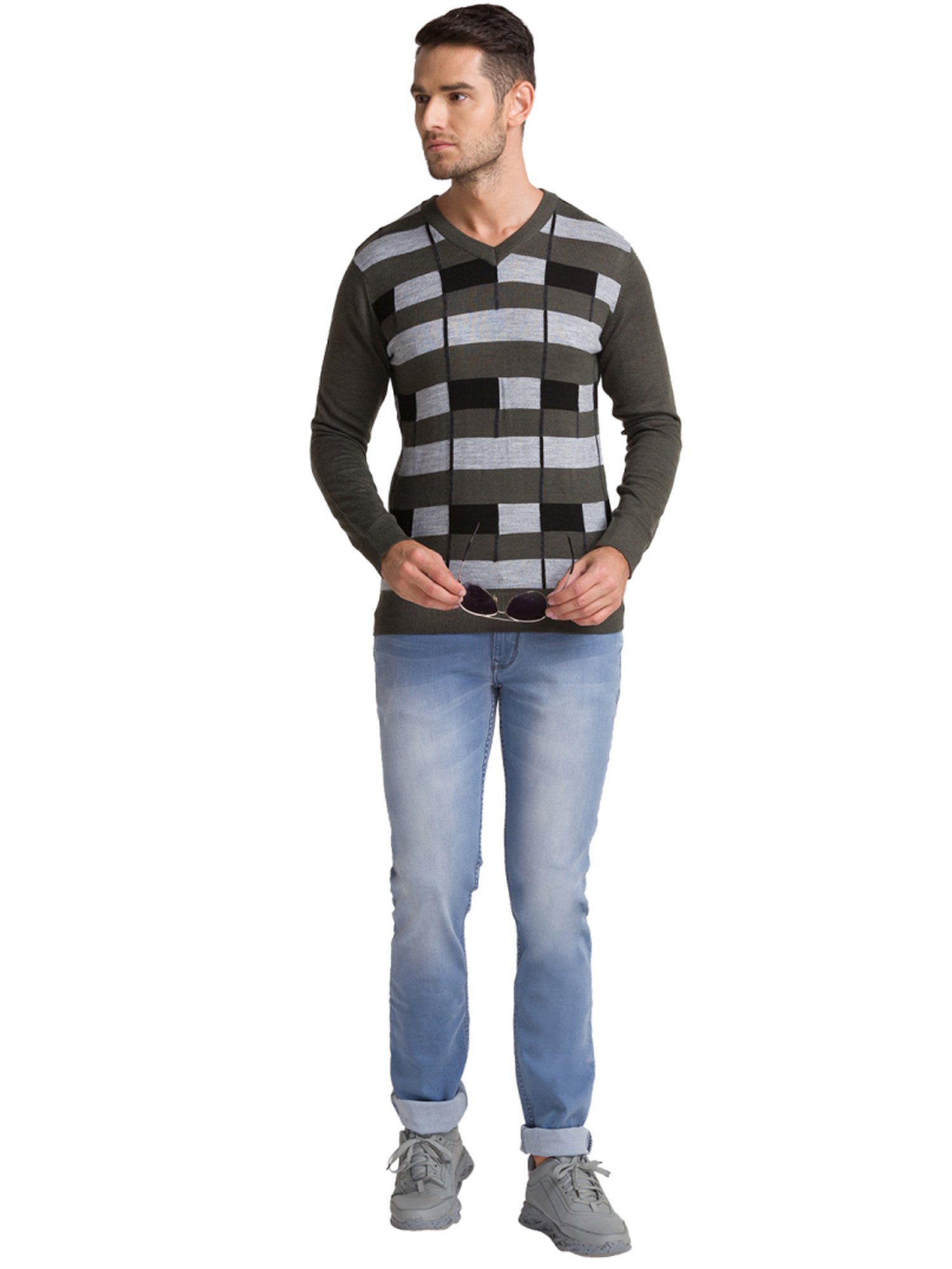 Parx Grey Regular Fit Striped Sweaters