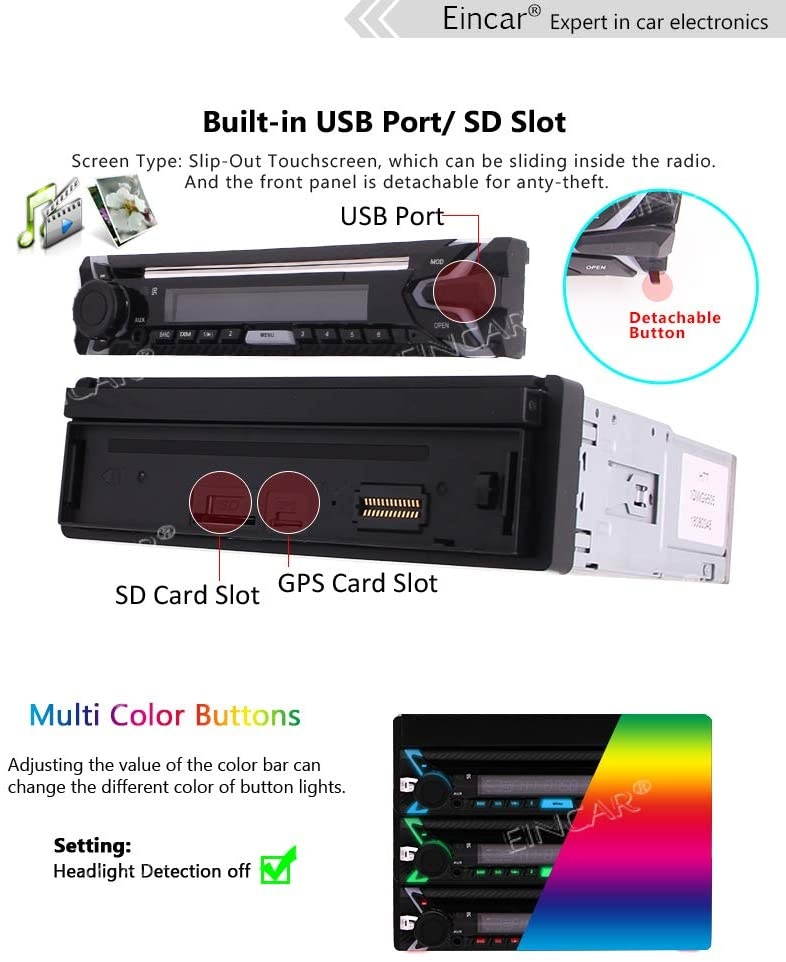 EinCar 7" Anti-Theft Detachable Front Panel Single Din Car Stereo in-Dash with HD 800480 Capacitive Touch Screen GPS Navigation NO-CD/DVD AM FM Radio Bluetooth USB/TF/AUX Built-in Bluetooth + Wire