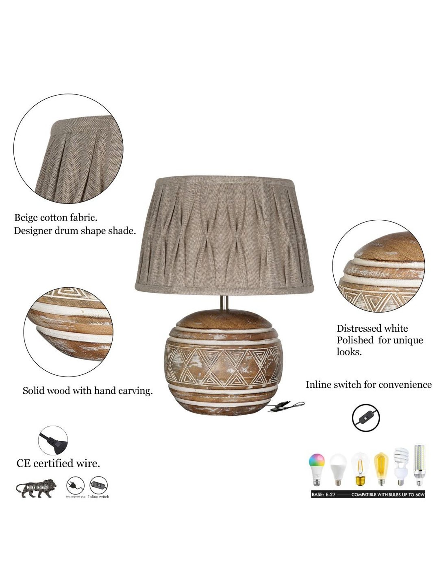 Kapoor Lamp Shades Distress White & Beige Wood Caelan Table Lamp