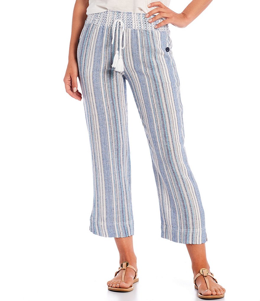 Westbound Petite Size Ocean Stripe Linen Capri Pants