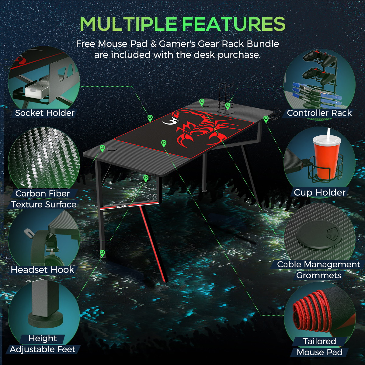 EUREKA ERGONOMIC Gaming Desk 55" K Shaped Large Home Office Gaming Computer Table, with Controller Stand Cup Holder Headphone Hook Free Mousepad, Black