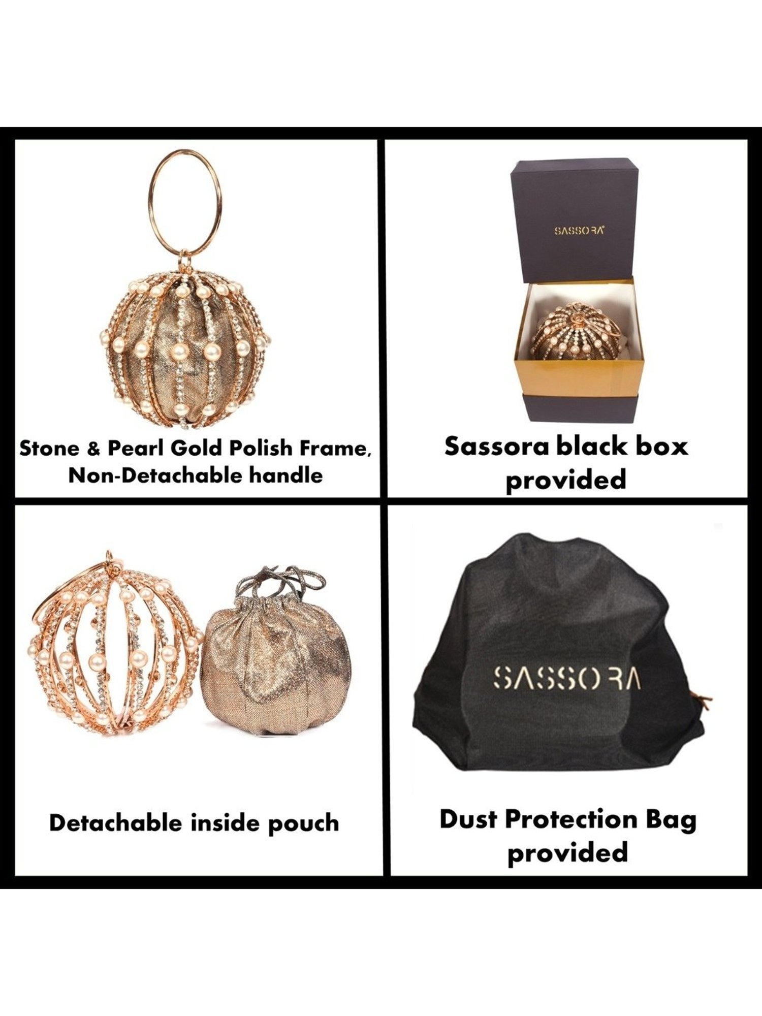 SASSORA IVORY Gold Leather Embellished Handbag