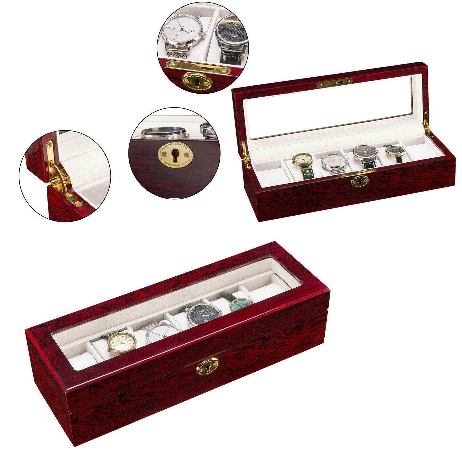6 Slot Wooden Wrist Watch Display Box Storage Holder Organizer Case w/Key