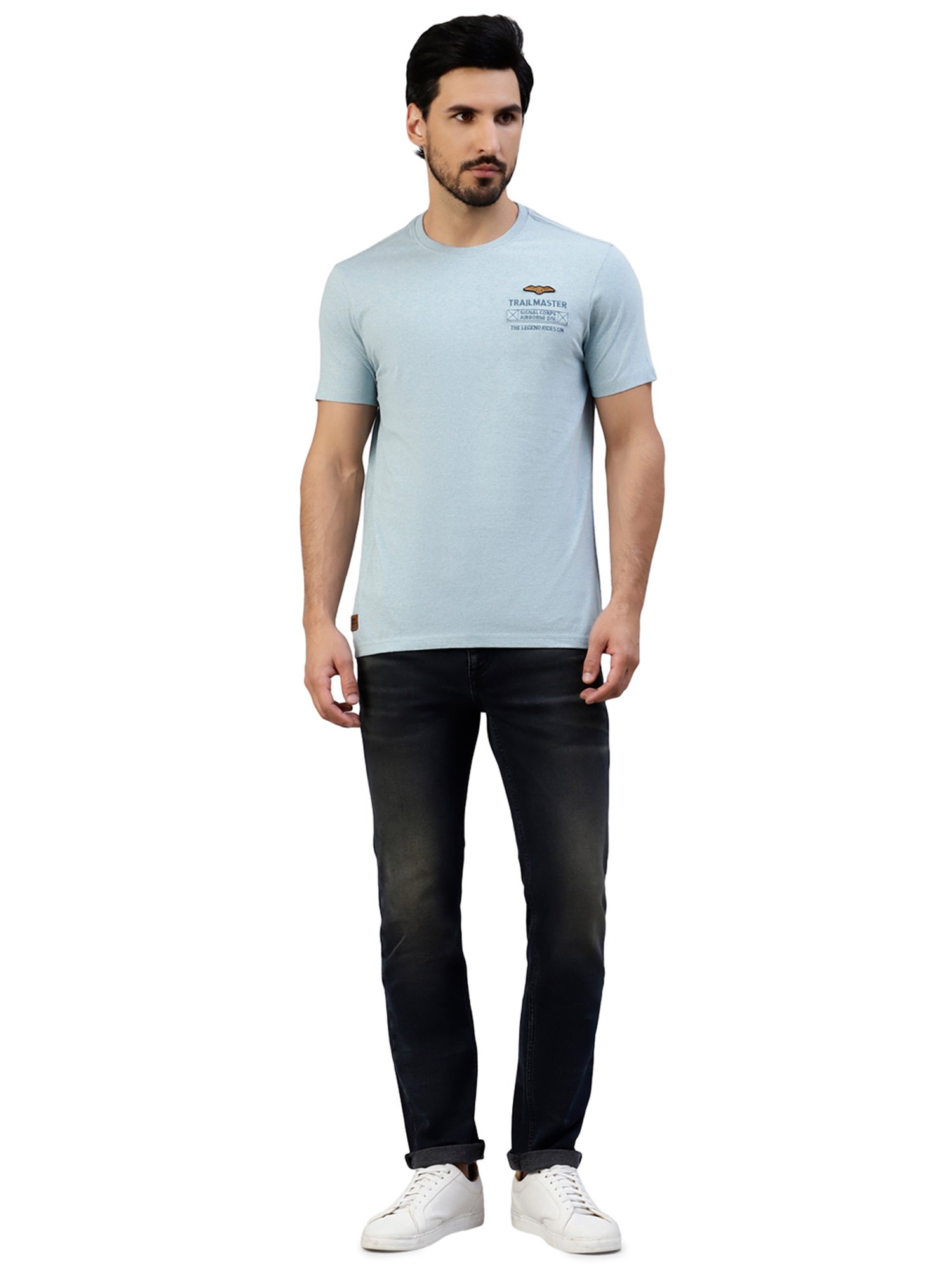 Royal Enfield Trail Master Blue Melange Regular Fit Printed Crew T-Shirt