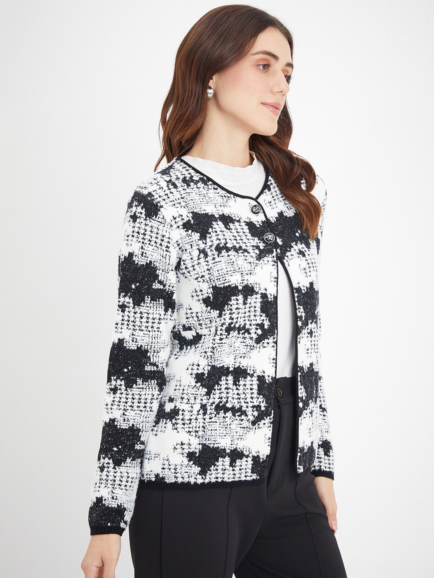 MADAME Black & White Printed Cardigan