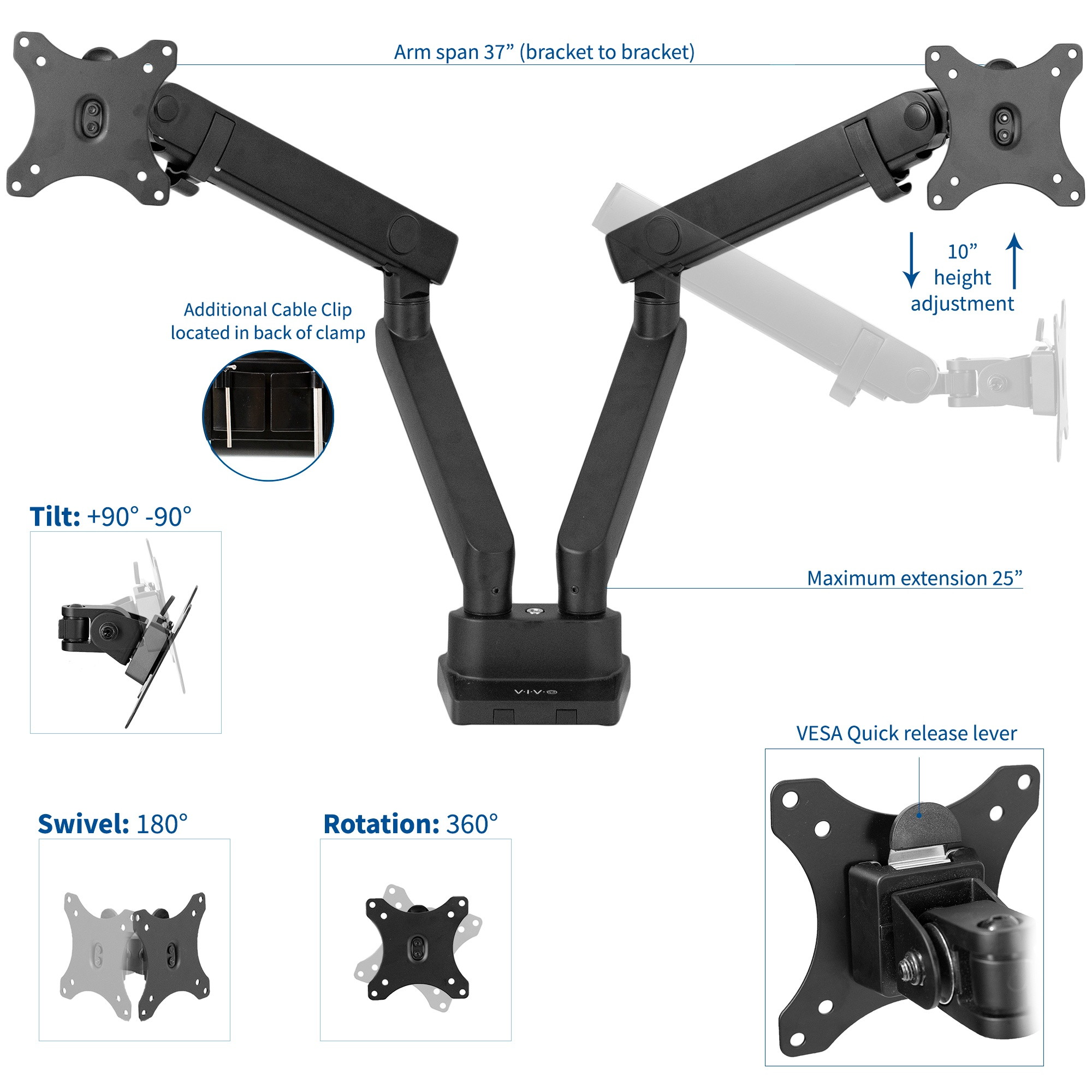 VIVO Premium Aluminum Full Motion Dual Monitor Arm Desk Mount Stand | Fits Screens up to 32" (STAND-V102BB)