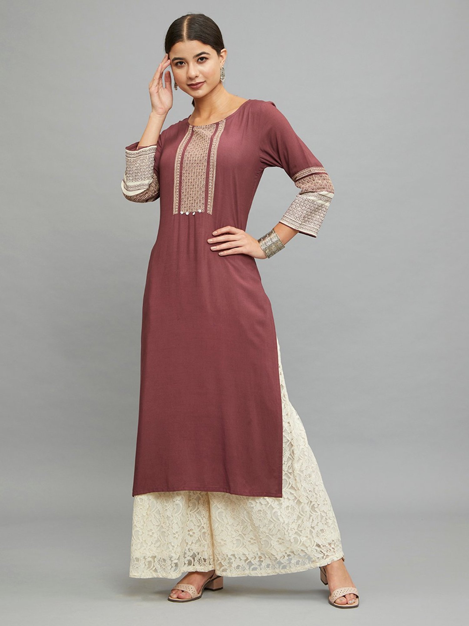 paislei Light Brown Embroidered A Line Kurta