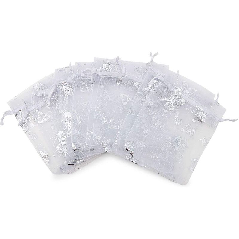 Drawstring Organza Gift Pouch with Butterfly Design (3.5 x 4.75 In, Silver Foil, 120 Pack)