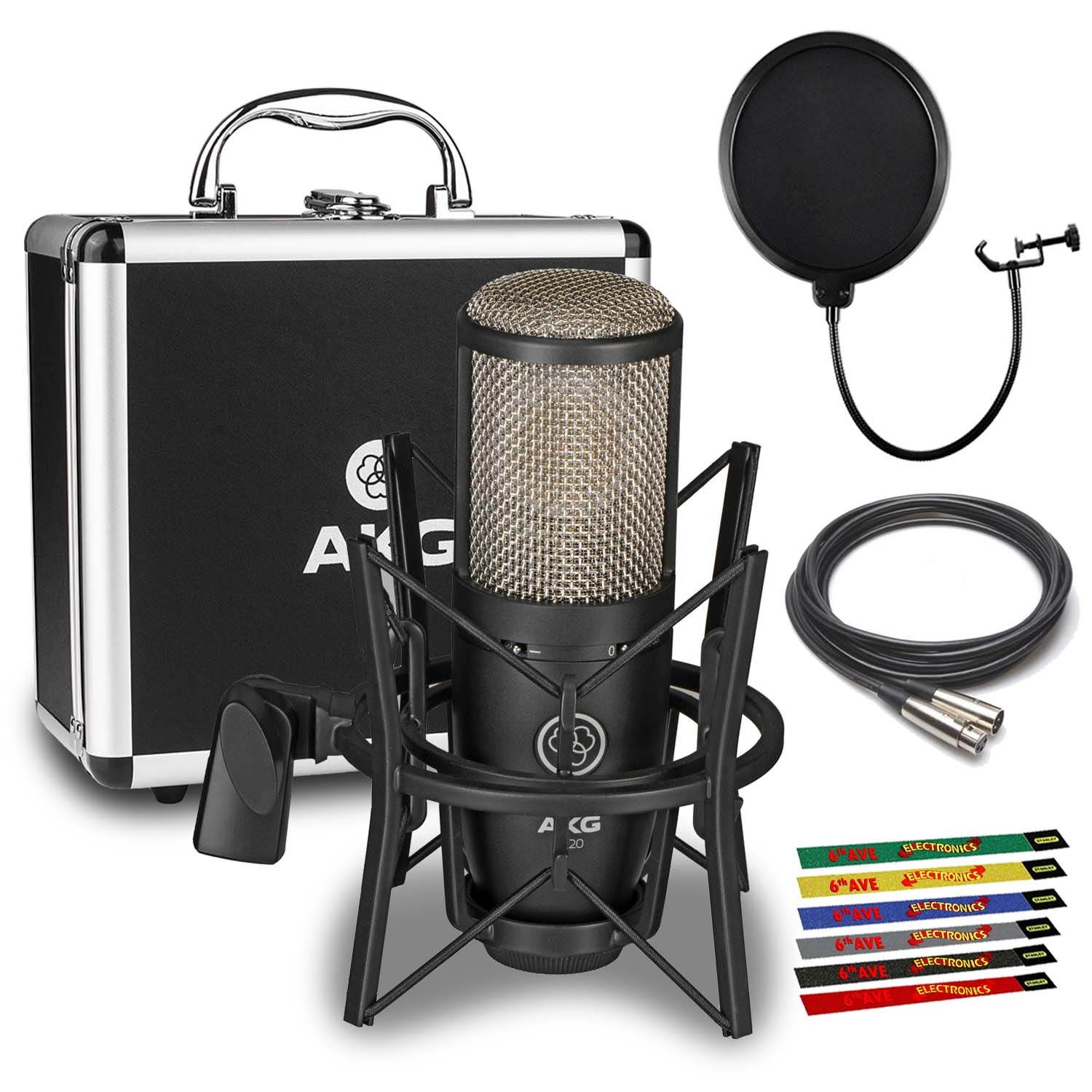 AKG P220 Large-diaphragm Condenser Microphone with Pop Filter, 10 Ft. XLR Cable, Cable Ties, Shockmount and Hard Case