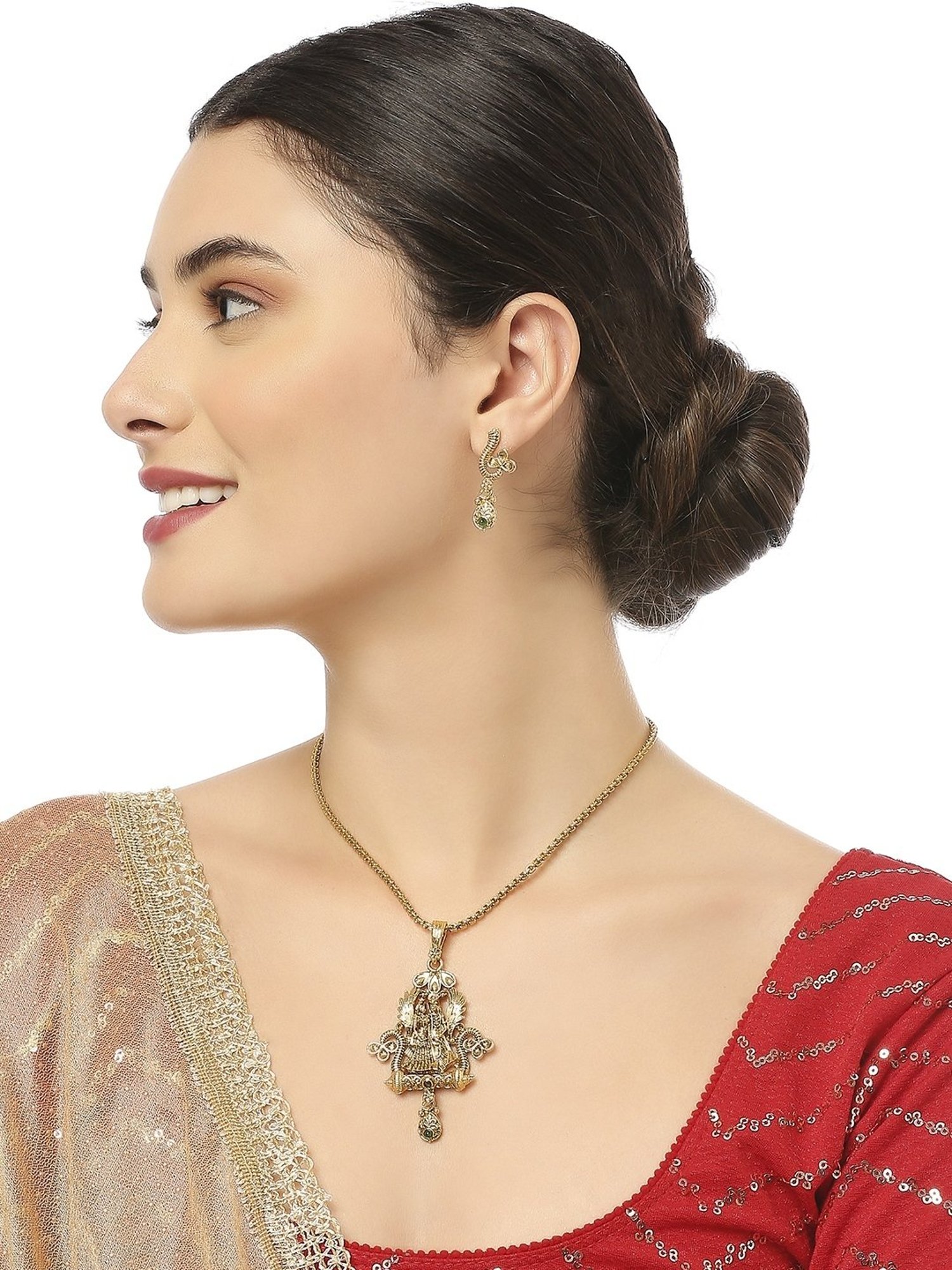 Oomph Antique Gold Tone Ethnic Temple Jewellery Radhe Krishna Pendant Necklace Set