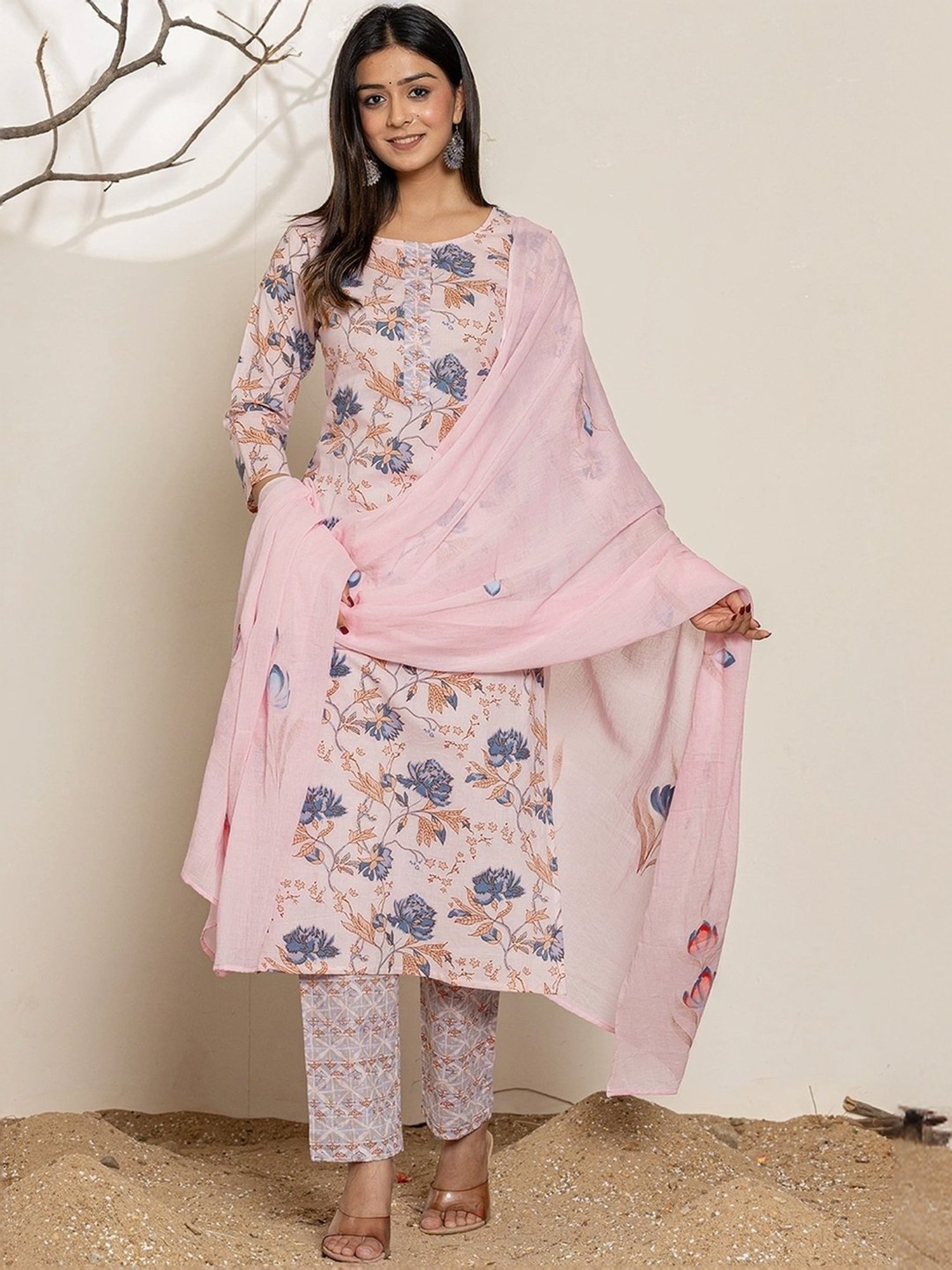 Yufta Pink Cotton Printed Kurta Pant Set With Dupatta