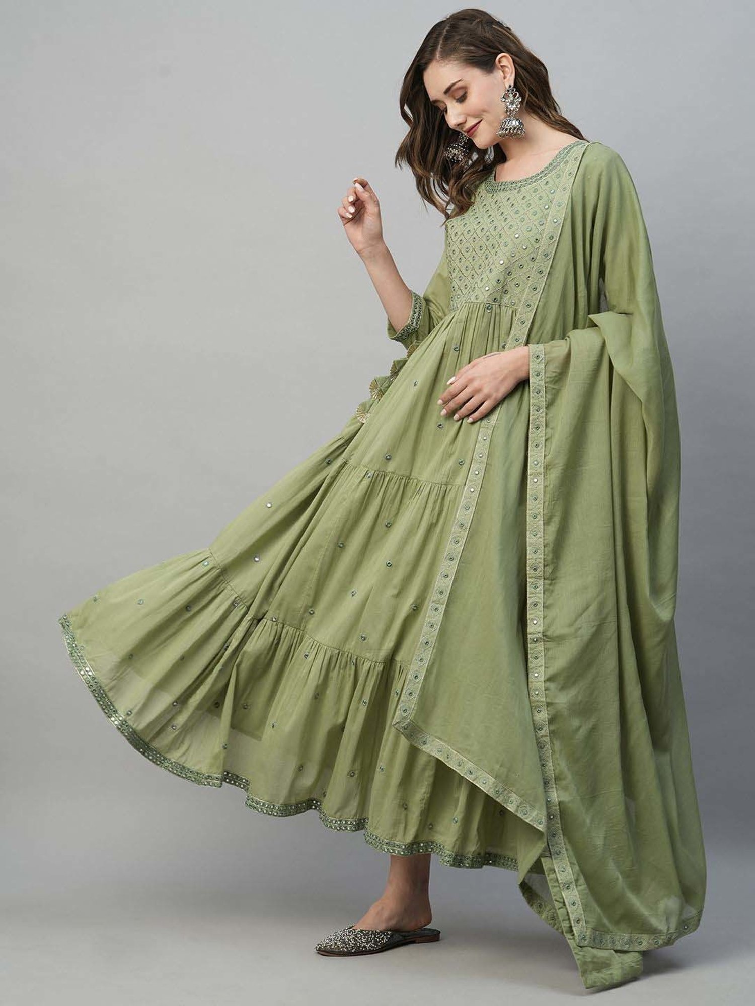 Heeposh Green Cotton Embroidered Dress With Dupatta