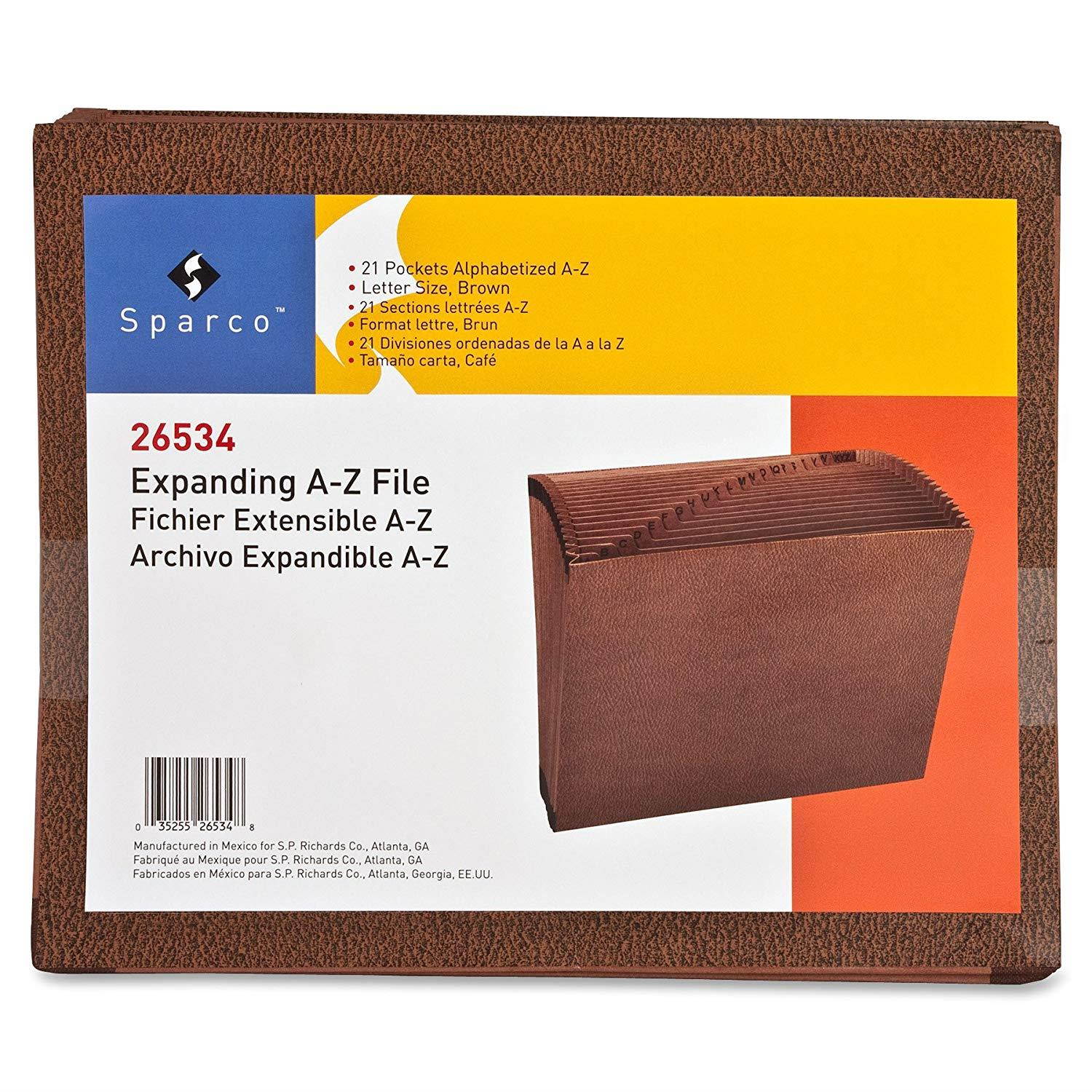 Sparco Accordion Files, No-Flap, 21 Pockets, A-Z, Letter size, 12 x 10 Inches, Brown (SPR26534)