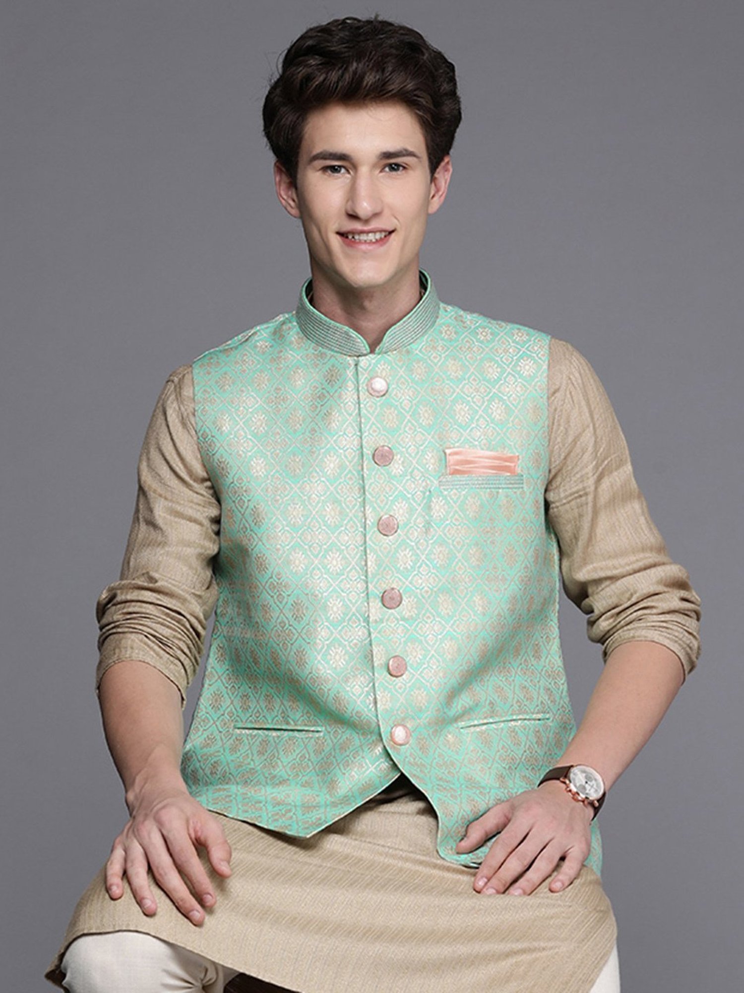 Manyavar Green Regular Fit Self Design Nehru Jacket