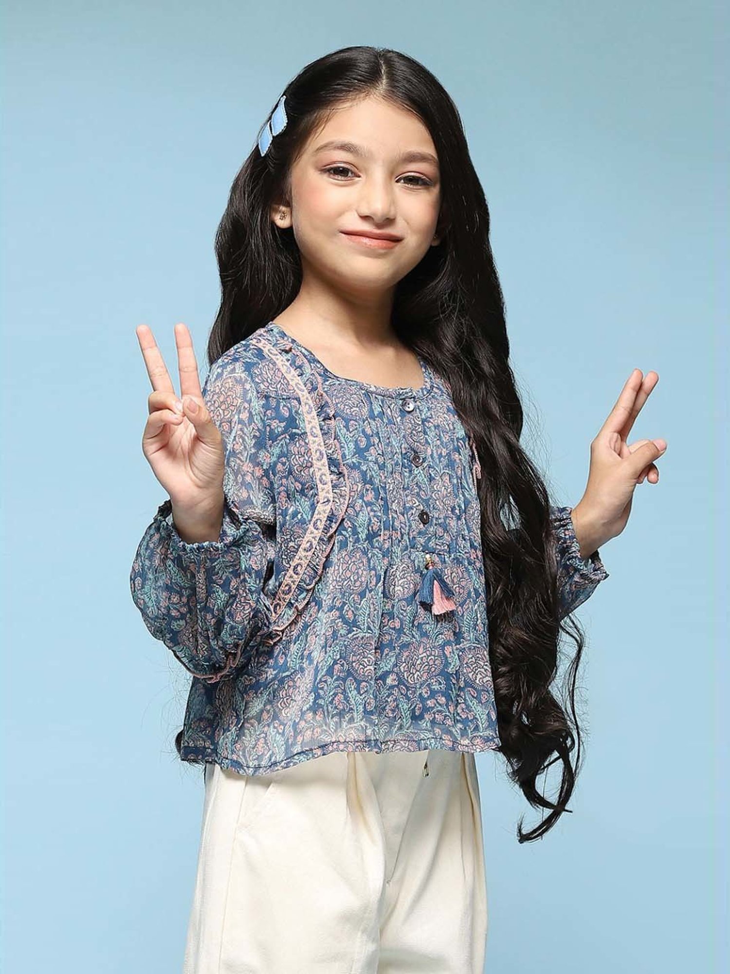 BIBA Girls Kids Blue Printed Full Sleeves Top