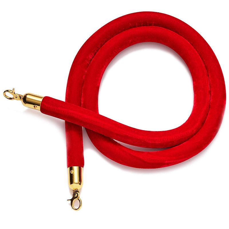 Juvale 2 Pack Red Velvet Stanchion Rope Crowd Control Barrier with Gold Chrome Plated Hooks, 6.6 feet