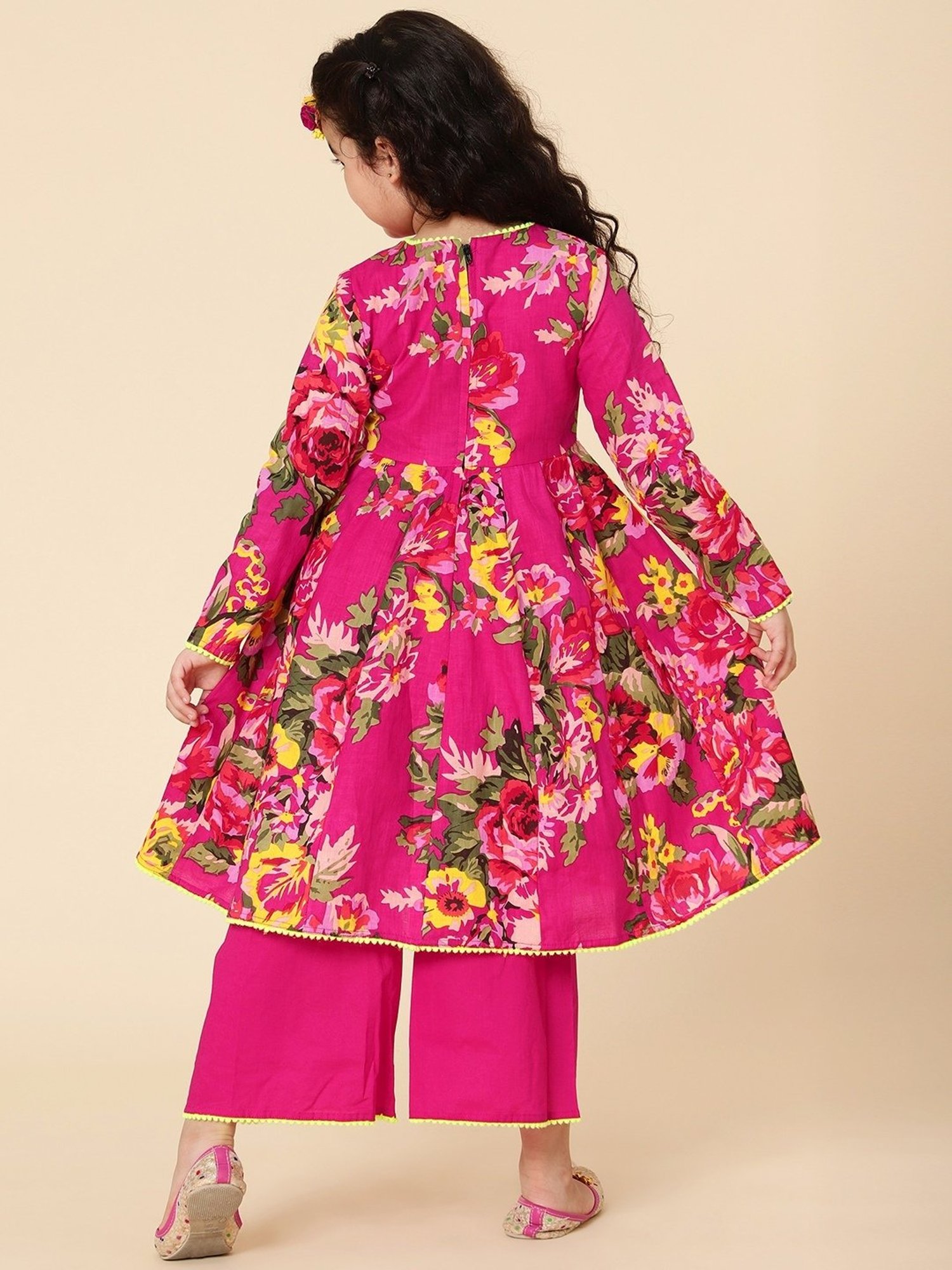 A.T.U.N. Kids Pink Cotton Floral Print Full Sleeves Anarkali Set