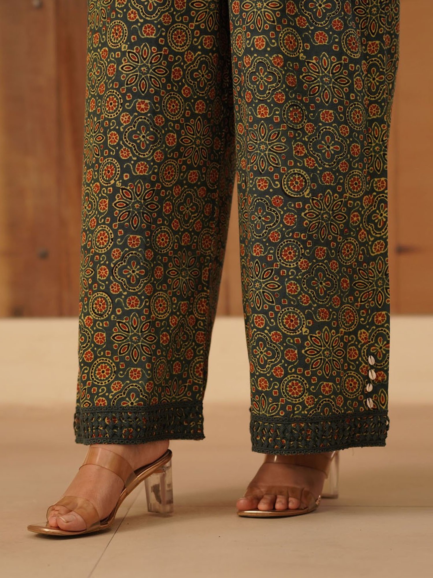 Love Chic Ajrakh Cotton Palazzo with cowrie shells and crochet lace