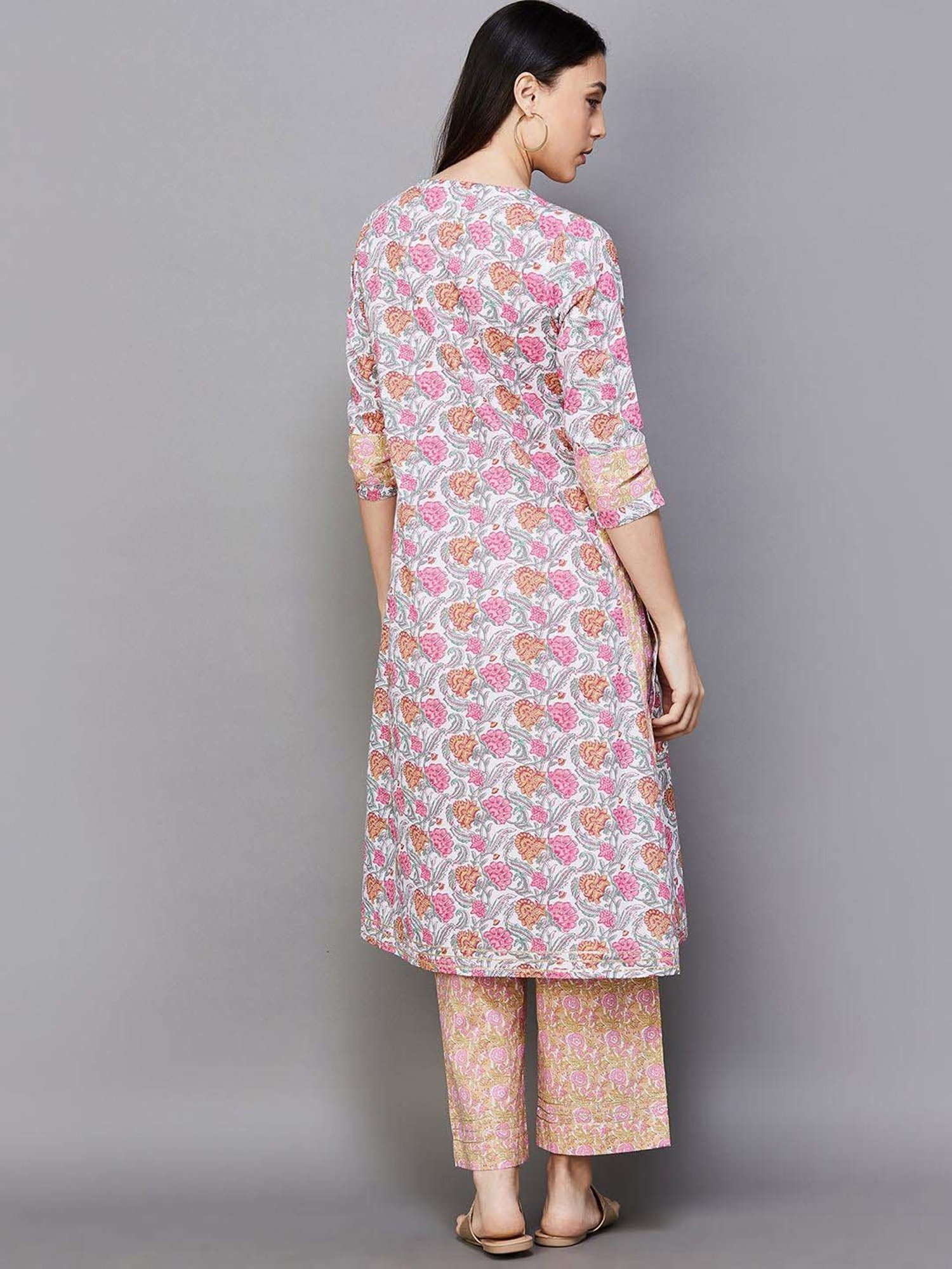 Melange by Lifestyle White & Peach Cotton Printed Kurta Palazzo Set