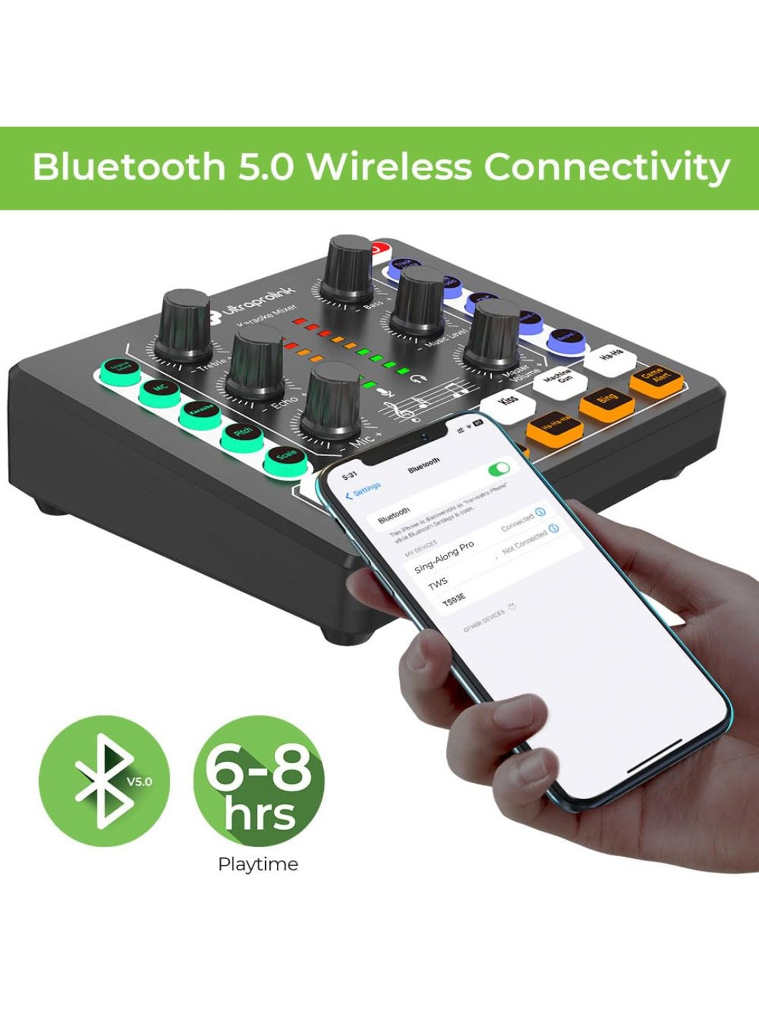 UltraProlink UM1002 Sing Along Pro Portable Bluetooth Audio Mixer Interface, Sound Card for Karaoke