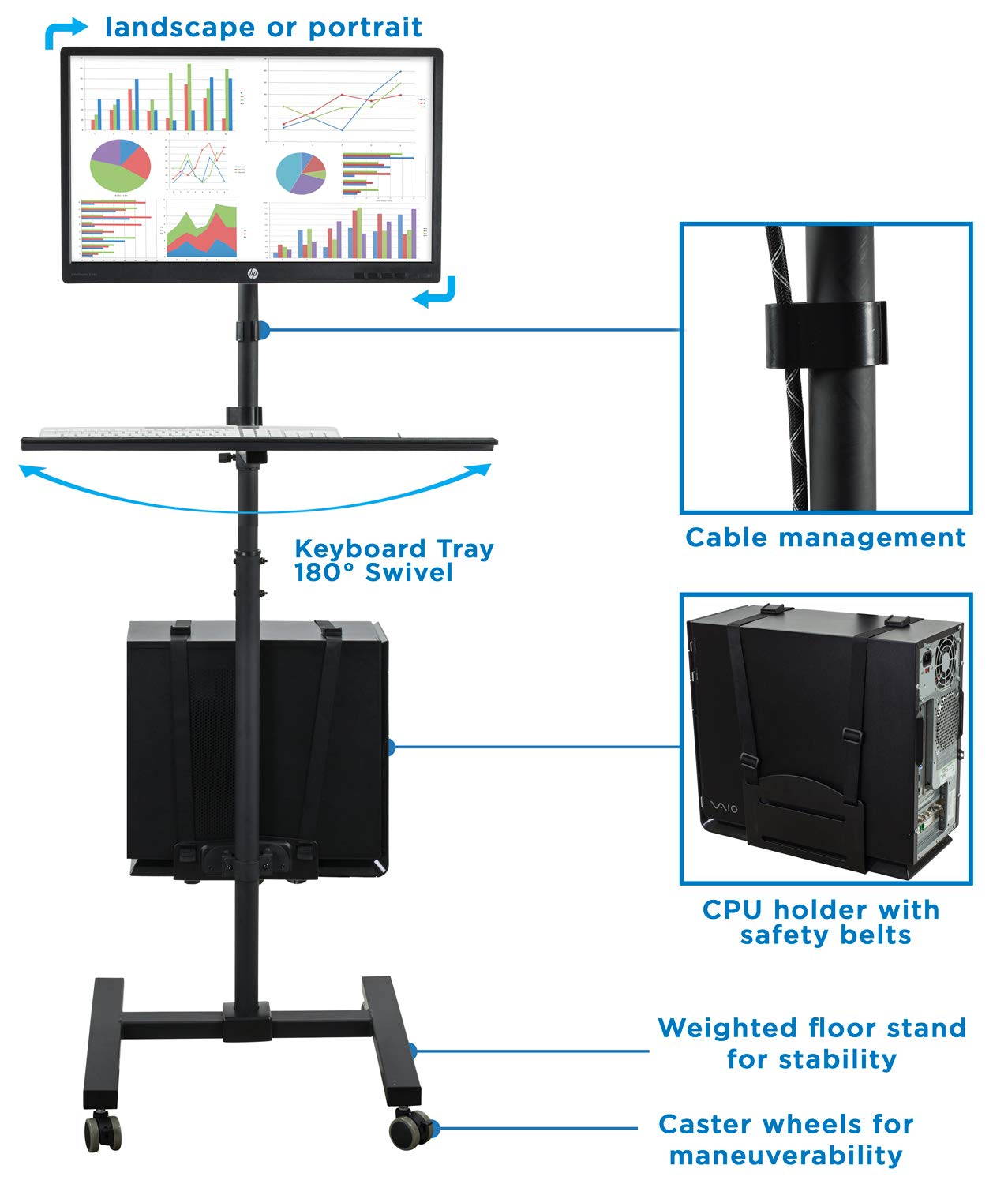 Mount-It! Rolling Computer Cart | Mobile Workstation with Tray Monitor Mount and CPU Holder