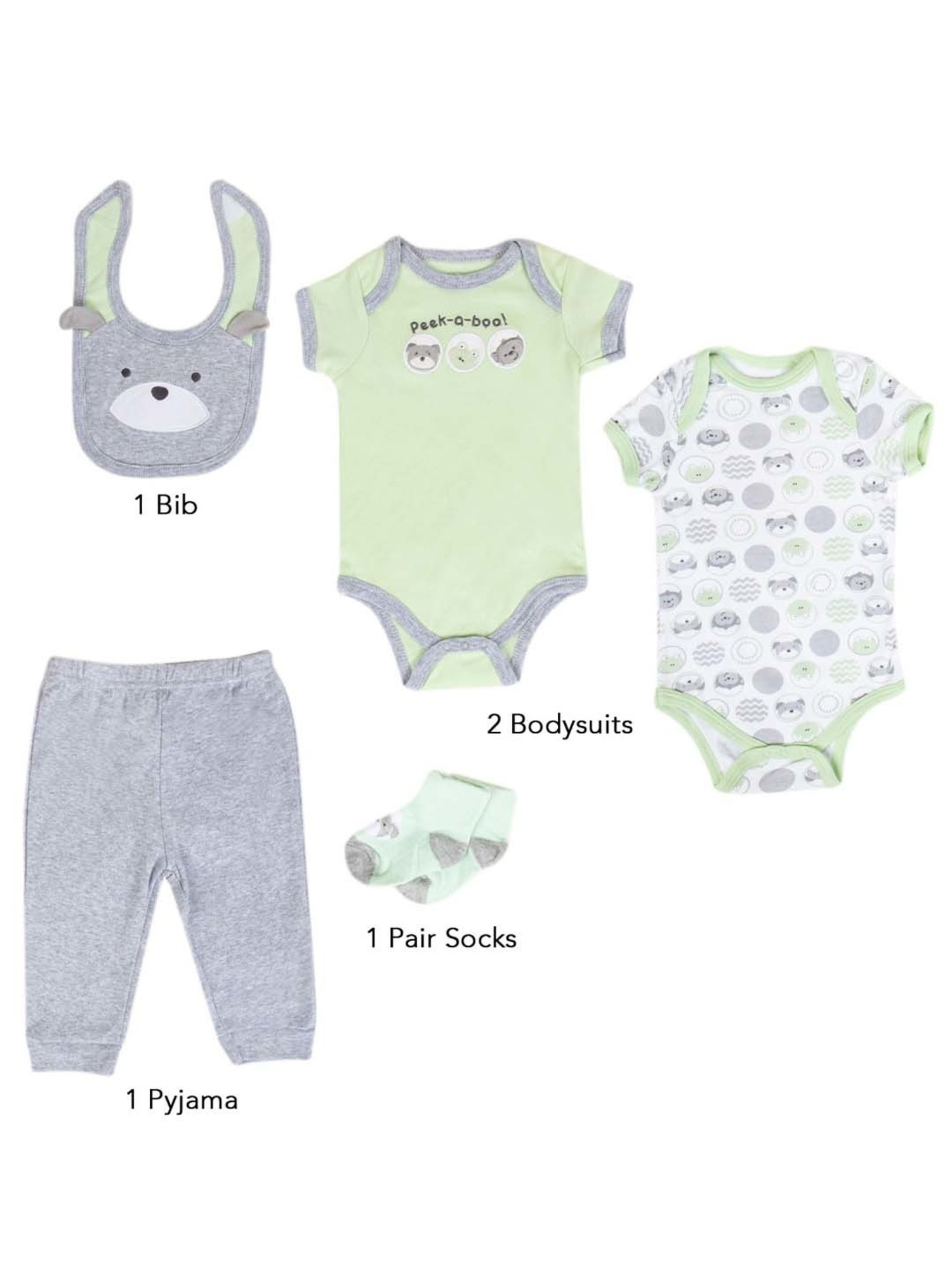 Baby Moo Kids Green & Grey Cotton Printed Bodysuit Set