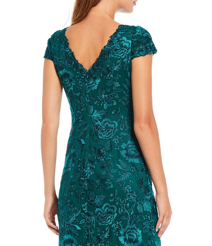 Tadashi Shoji Short Sleeve Illusion Boat Neck Floral Lace Gown