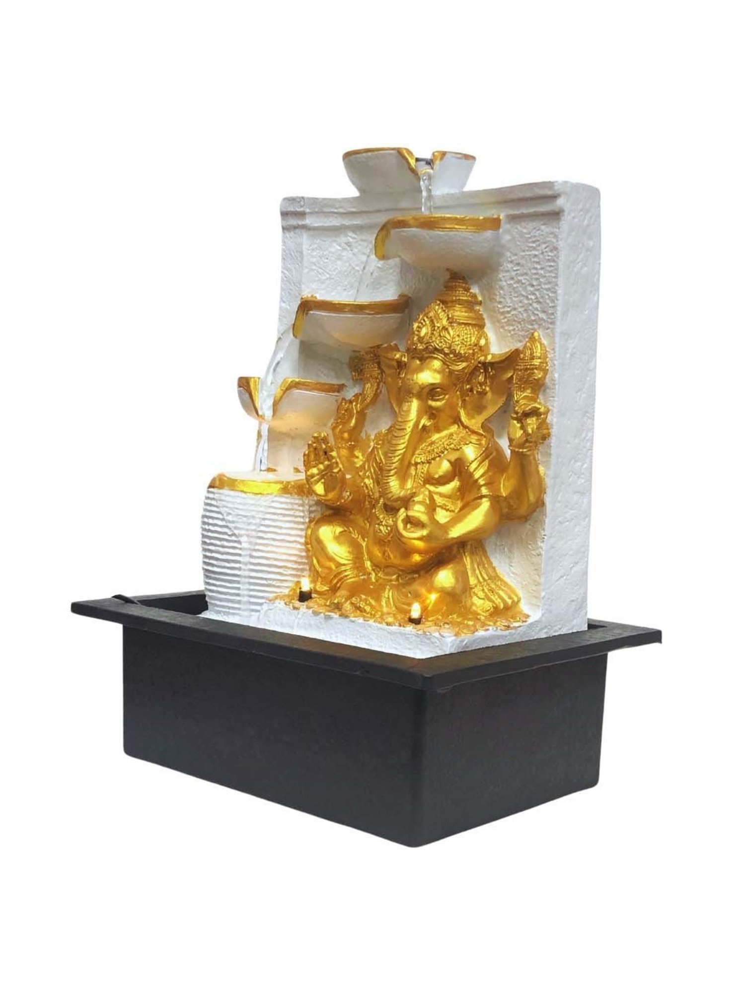 CHRONIKLE White & Gold Polyresin Ganesha Idol 4 Steps Waterfall Fountain