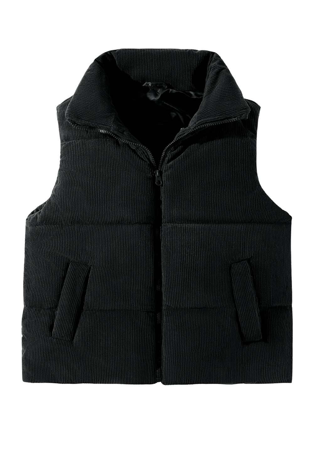 Black Solid Color Corduroy Puffer Vest Coat