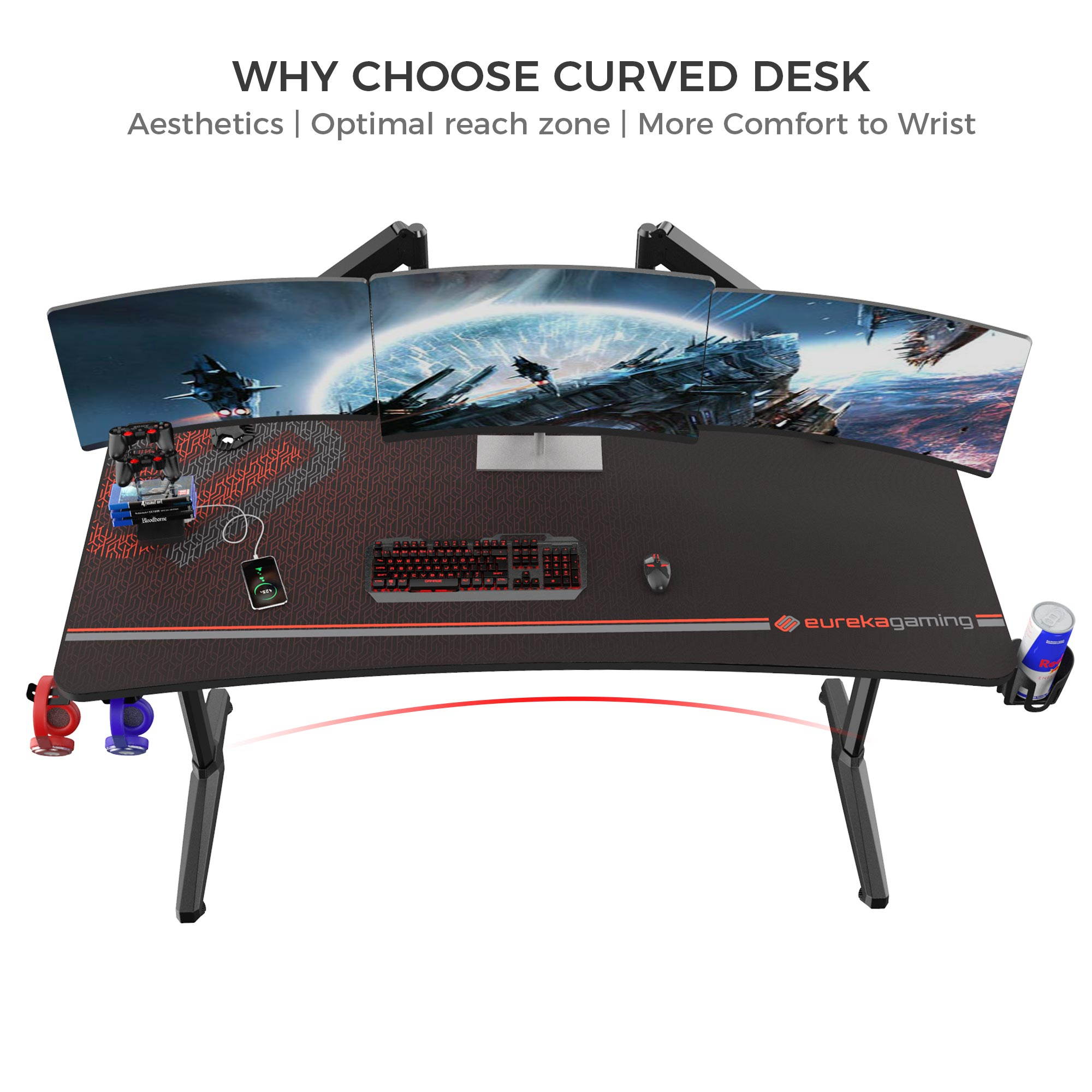 Eureka Ergonomic&reg; Gaming Desk, New Polygon Legs Design Captain Series Home Office Computer Desk with Free Mousepad, Controller Stand, Cup Holder & Headphone Hook- Black, 60"