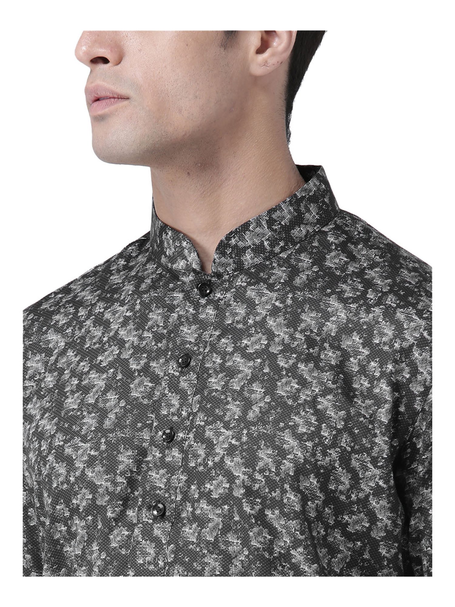 Deyann Black Linen Printed Full Sleeves Kurta Set